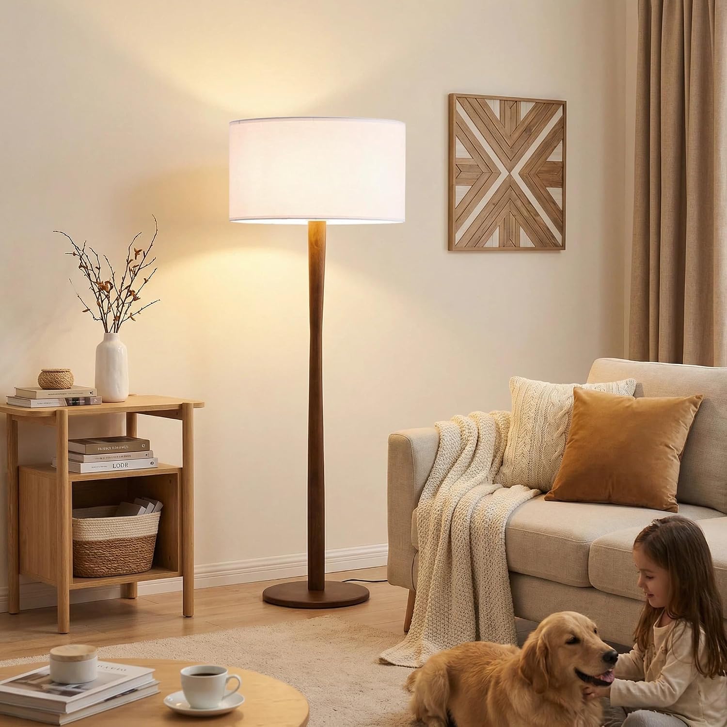 62' Tall Rustic Wood Floor Lamp for Living Room, Farmhouse Walnut Wood Floor Lamps with Linen Shade for Reading, UL Listed Stand Lamps with Woods Base for Bedroom, Corner, Office, White Shade