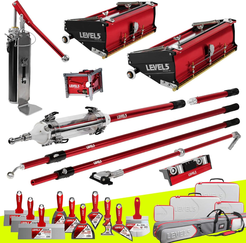 Drywall Finishing Set - LEVEL5 | Pro-Grade | 10/12' Flat Boxes, Corner Roller, 3' Corner Finisher, MiniShot, Handles, Compound Pump + Filler | Sheetrock Gyprock Wallboard | 4-662