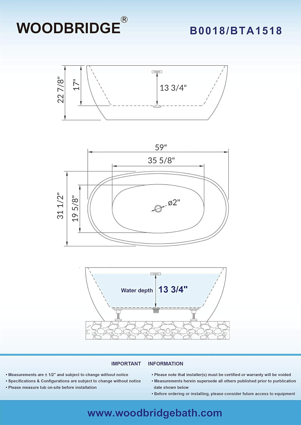 WOODBRIDGE 59'Freestanding White Acylic Soaking Bathtub with Brushed Nickel Drain and Overflow,BTA1518 -B/N-Drain &O