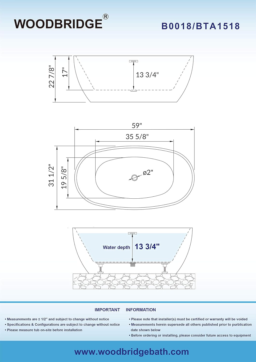 WOODBRIDGE 59'Freestanding White Acylic Soaking Bathtub with Brushed Nickel Drain and Overflow,BTA1518 -B/N-Drain &O