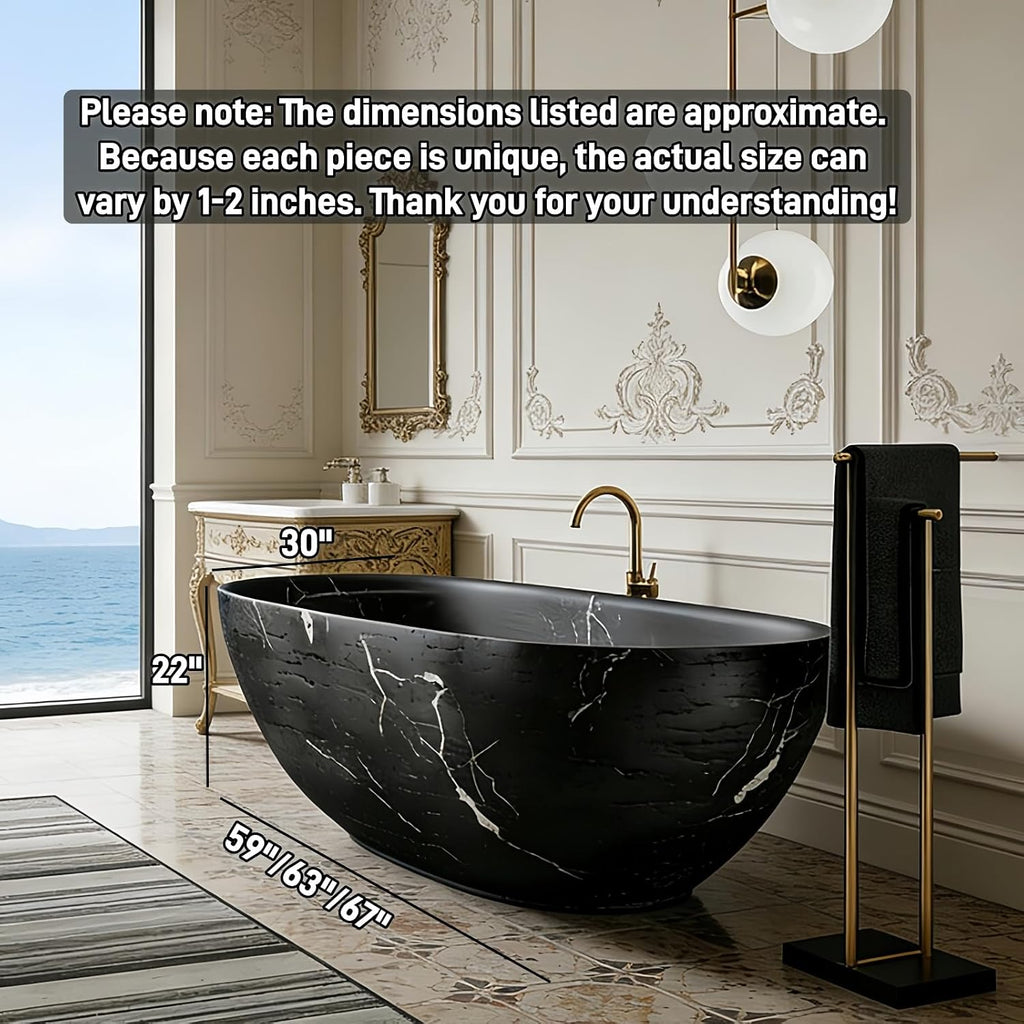59' Edeyeu Freestanding Bathtub - Solid Surface Soaking Tub with Black & White Marble Design, Luxury Free Standing Tub for Spa, Home, and Villa Bathrooms, Black