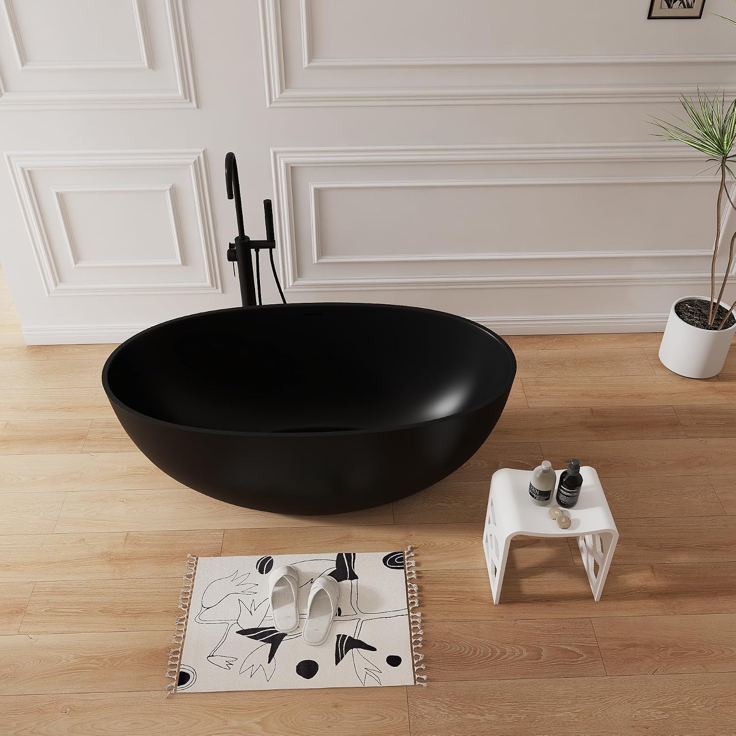 55' Premium Resin Stone Freestanding Bathtub, Matte Black Solid Surface Soaking Tub with Pop-up Drain and Overflow