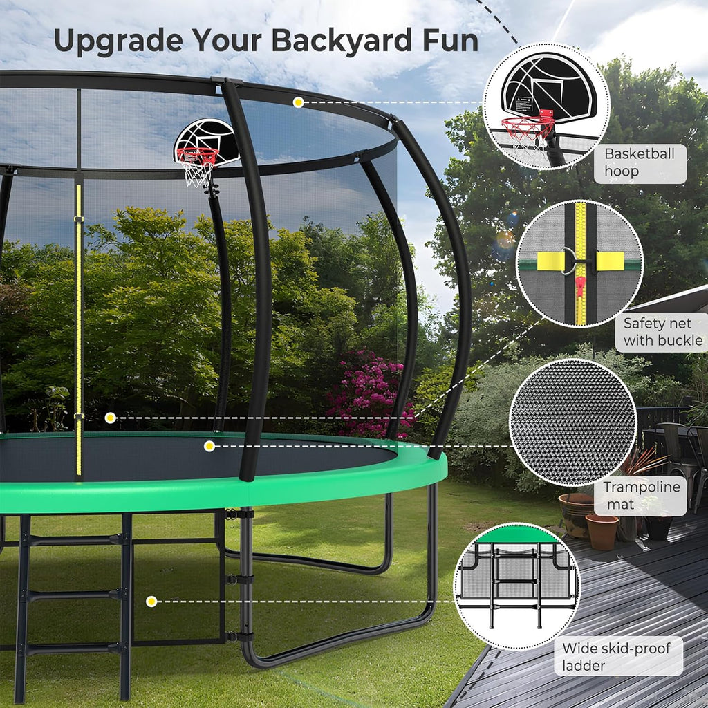 Lyromix 12 14 15 16FT Outdoor Trampolines for Kids and Adults, Pumpkin Trampolin with Curved Poles, Recreational Trampolin with Basketball Hoop and Safety Enclosure Net for Kids and Adults