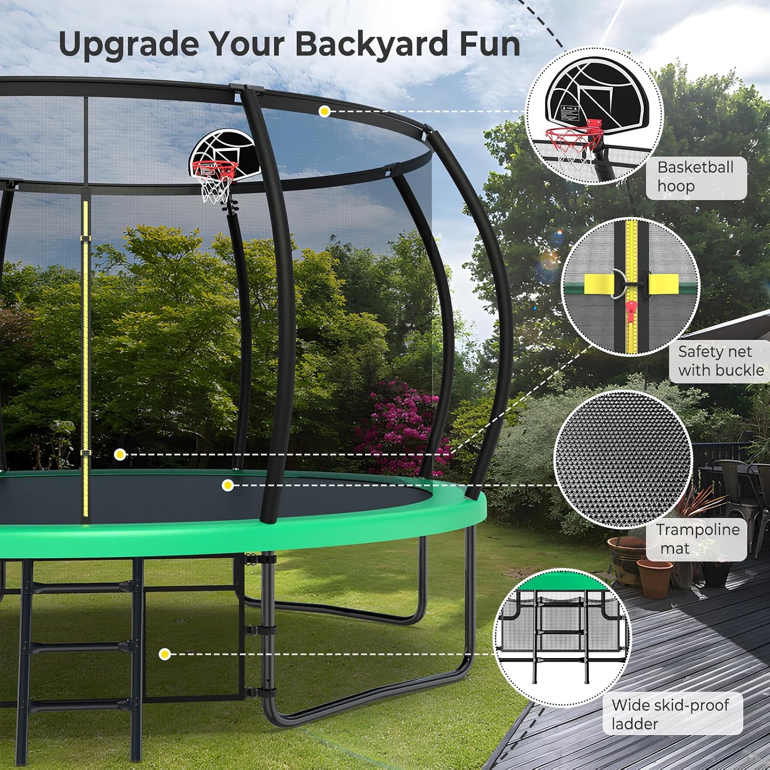 Lyromix 12 14 15 16FT Outdoor Trampolines for Kids and Adults, Pumpkin Trampolin with Curved Poles, Recreational Trampolin with Basketball Hoop and Safety Enclosure Net for Kids and Adults