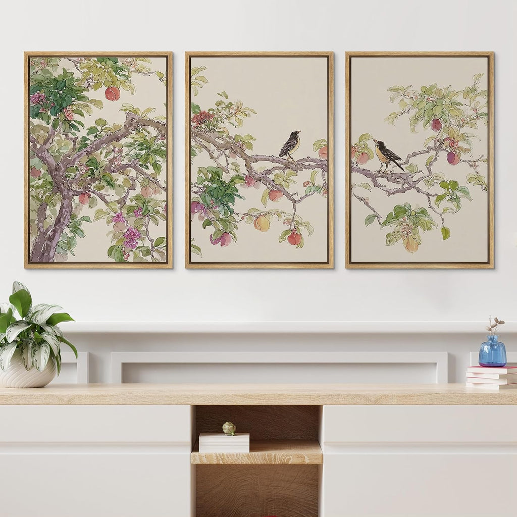 wall26 Framed Print Wall Art Set Watercolor Fruit Tree Branch with Birds Botanical Decorative Minimal Relax/Zen for Living Room, Bedroom, Office - 16'x24'x3 NATURAL