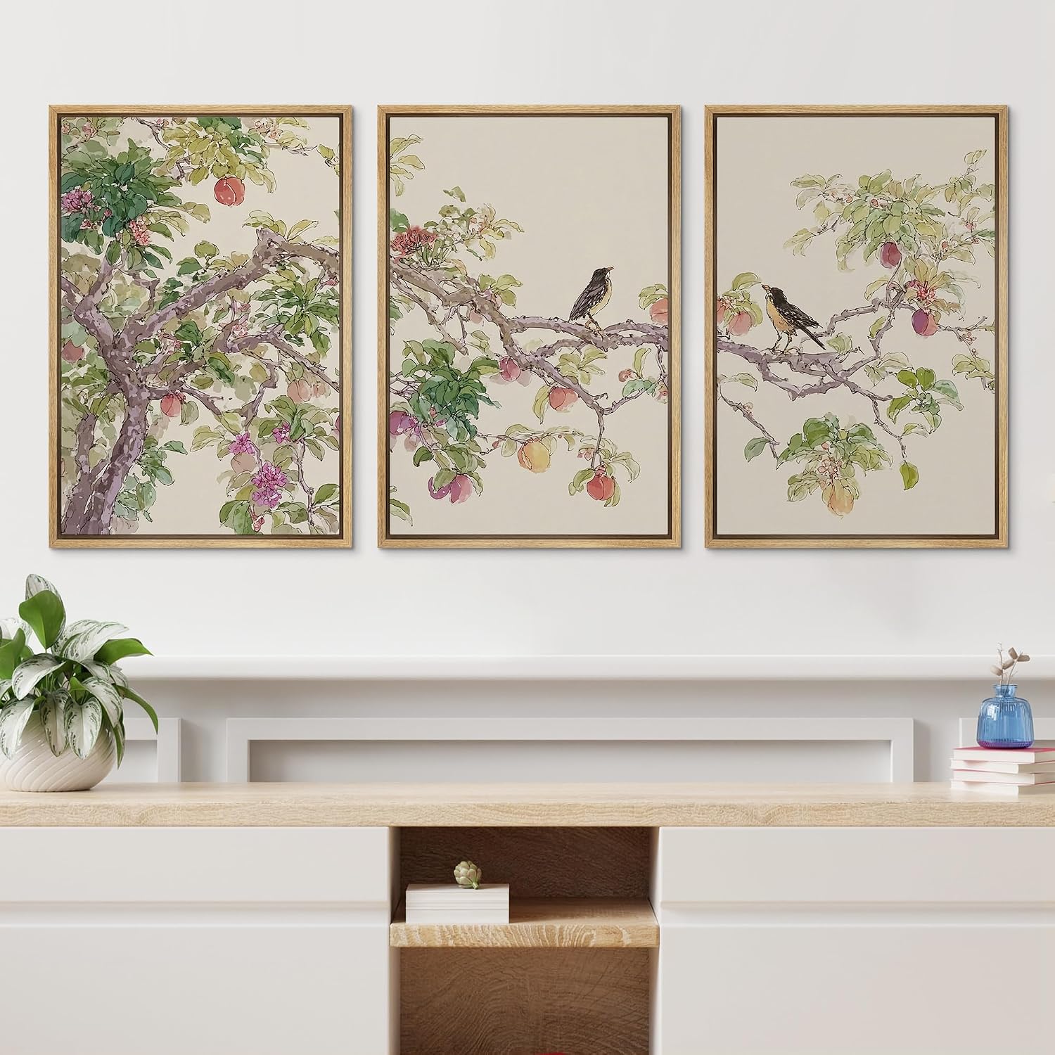 wall26 Framed Print Wall Art Set Watercolor Fruit Tree Branch with Birds Botanical Decorative Minimal Relax/Zen for Living Room, Bedroom, Office - 16'x24'x3 NATURAL
