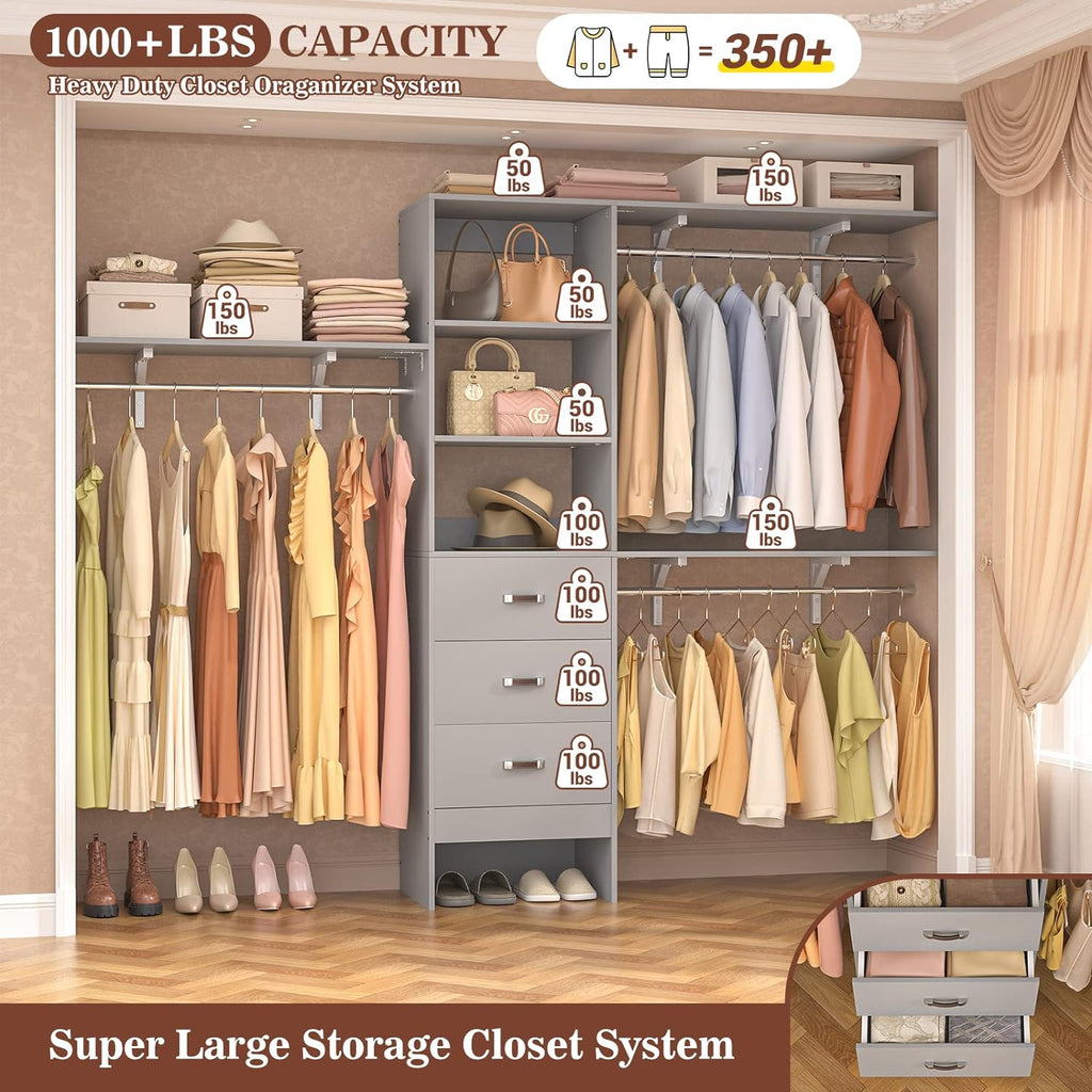 Armocity 96' Wood Closet System with 3 Enclosed Drawers & 3 Solid Shelves, 8FT Adjustable Closet Organizers and Storage, Heavy Duty Modular Wardrobe for Reach-In & Walk-In, 1000 LBS Load, Grey