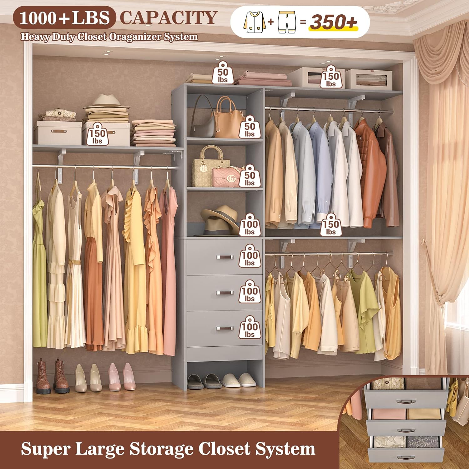 Armocity 96' Wood Closet System with 3 Enclosed Drawers & 3 Solid Shelves, 8FT Adjustable Closet Organizers and Storage, Heavy Duty Modular Wardrobe for Reach-In & Walk-In, 1000 LBS Load, Grey