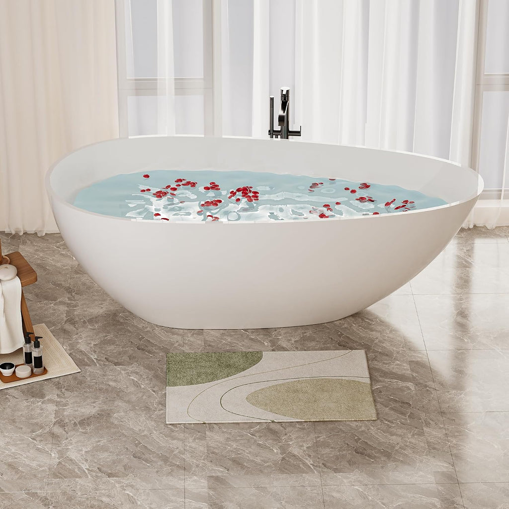 Kaimei 59-Inch Oval Stone Resin Freestanding Bathtub | Deep Soaking Tub with Overflow & Pop-up Drain | Glossy White Spa Tub for Bathroom Relaxation