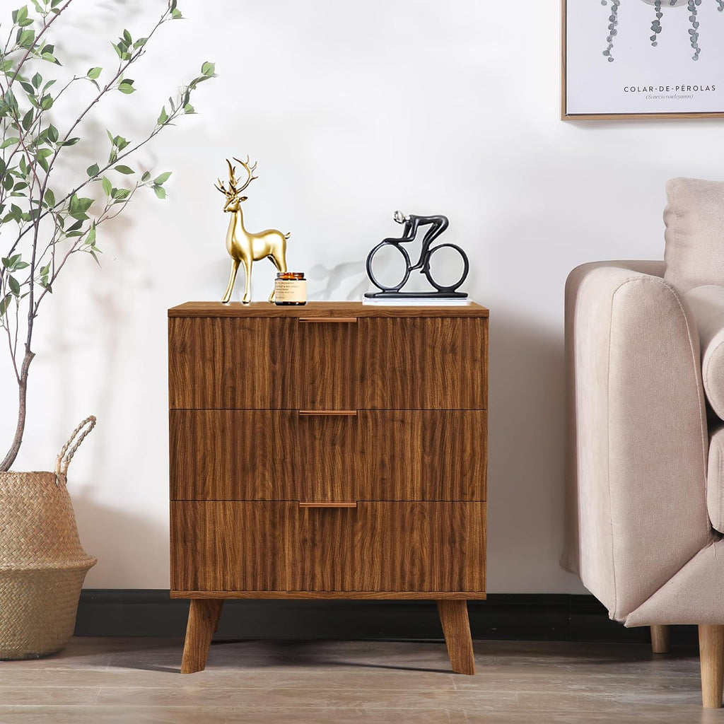 Mid-Century 3 Drawers Bedside Table Cabinet, Modern Nightstand with 3 Drawer and Solid Wood Legs, Contemporary 3-Drawer Dresser, Mid Century Nightstand with 3 Storage Drawer for Bedroom (Walnut)
