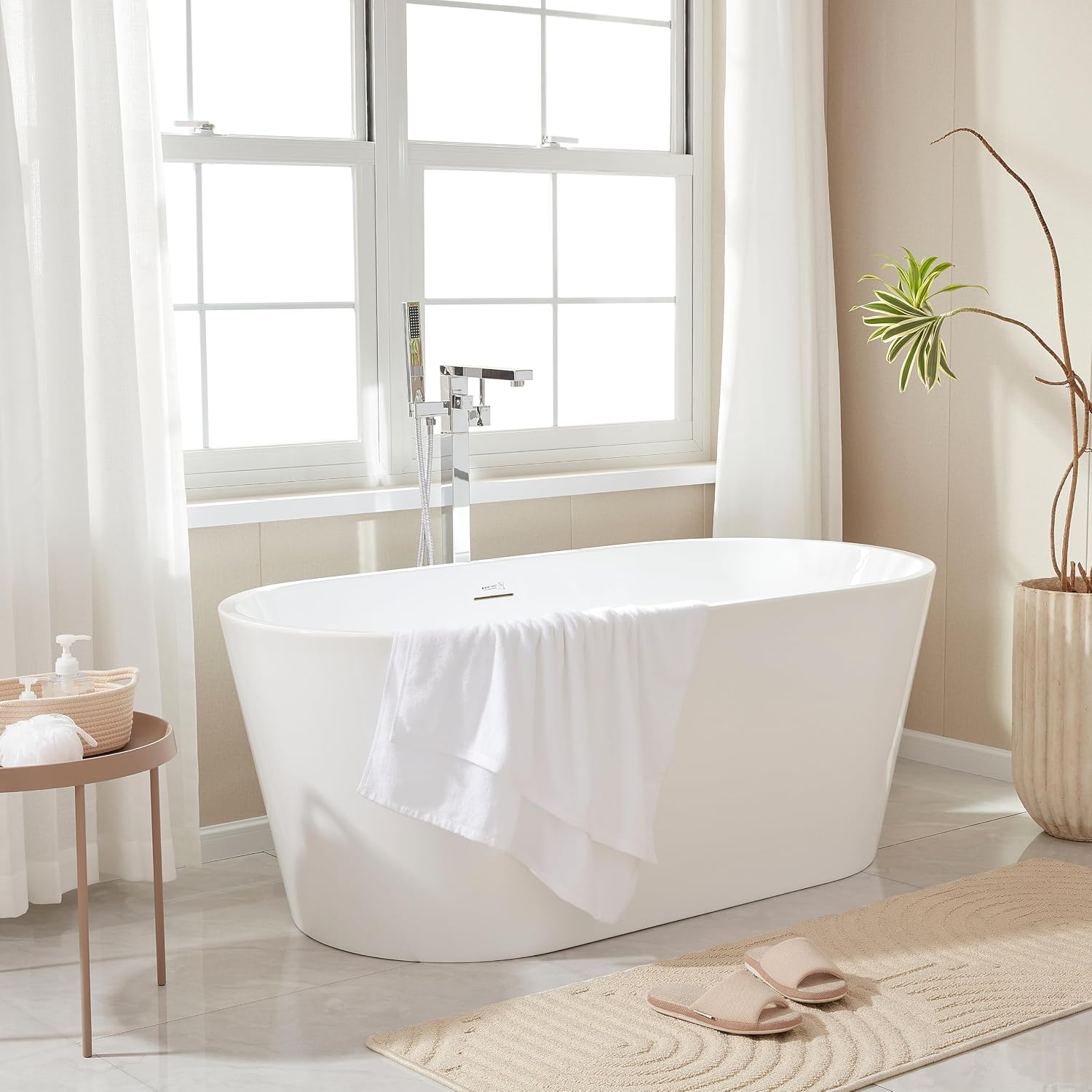 Vanity Art 59' Free Standing Tub Non-Slip Contemporary Design Freestanding Bathtub Soaking Tub with Overflow and Pop-up Drain, UPC Certified