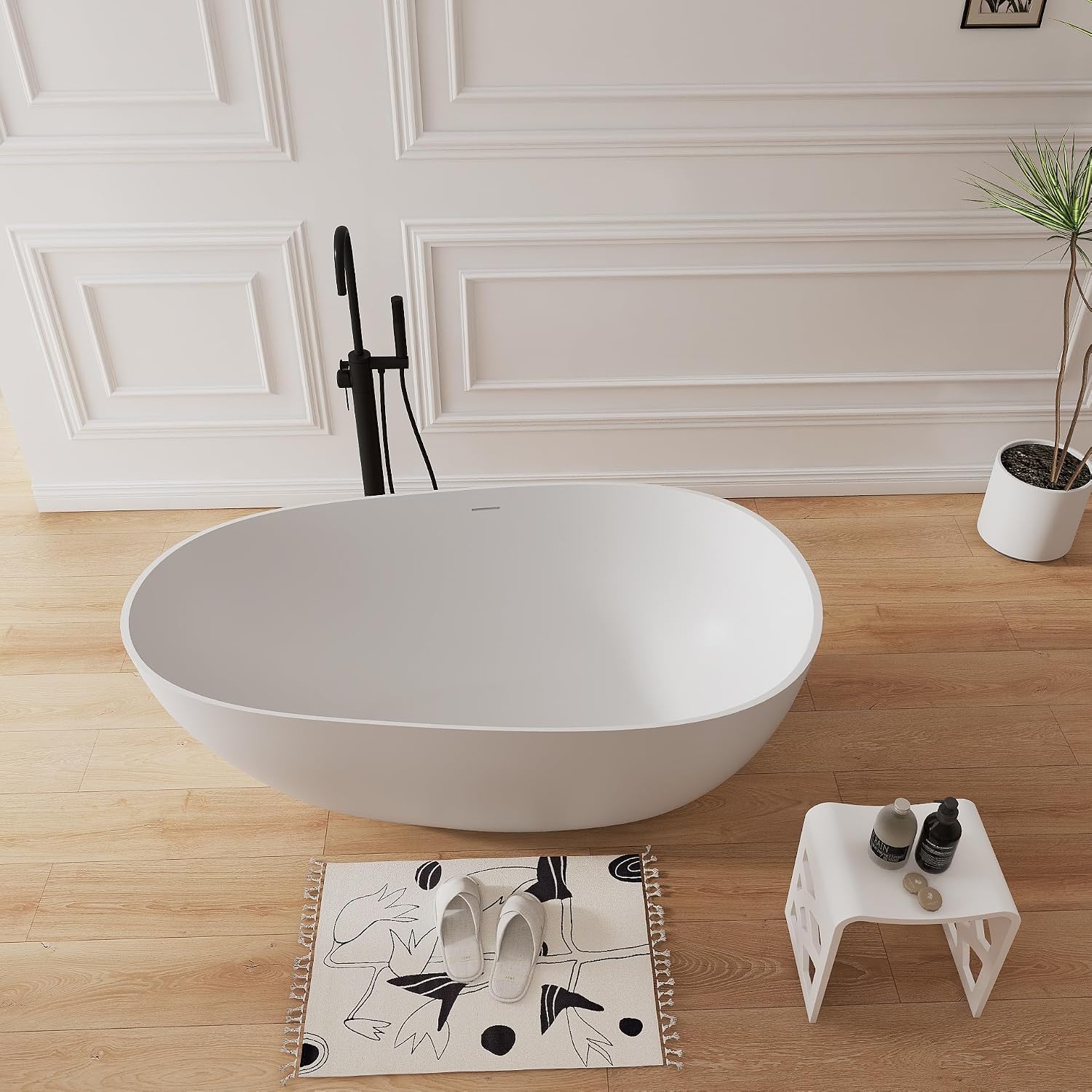 59' Solid Surface Freestanding Soaking Bathtub,Modern Oval Stone Resin Tubs with Overflow and Pop-up Drain, Matte White