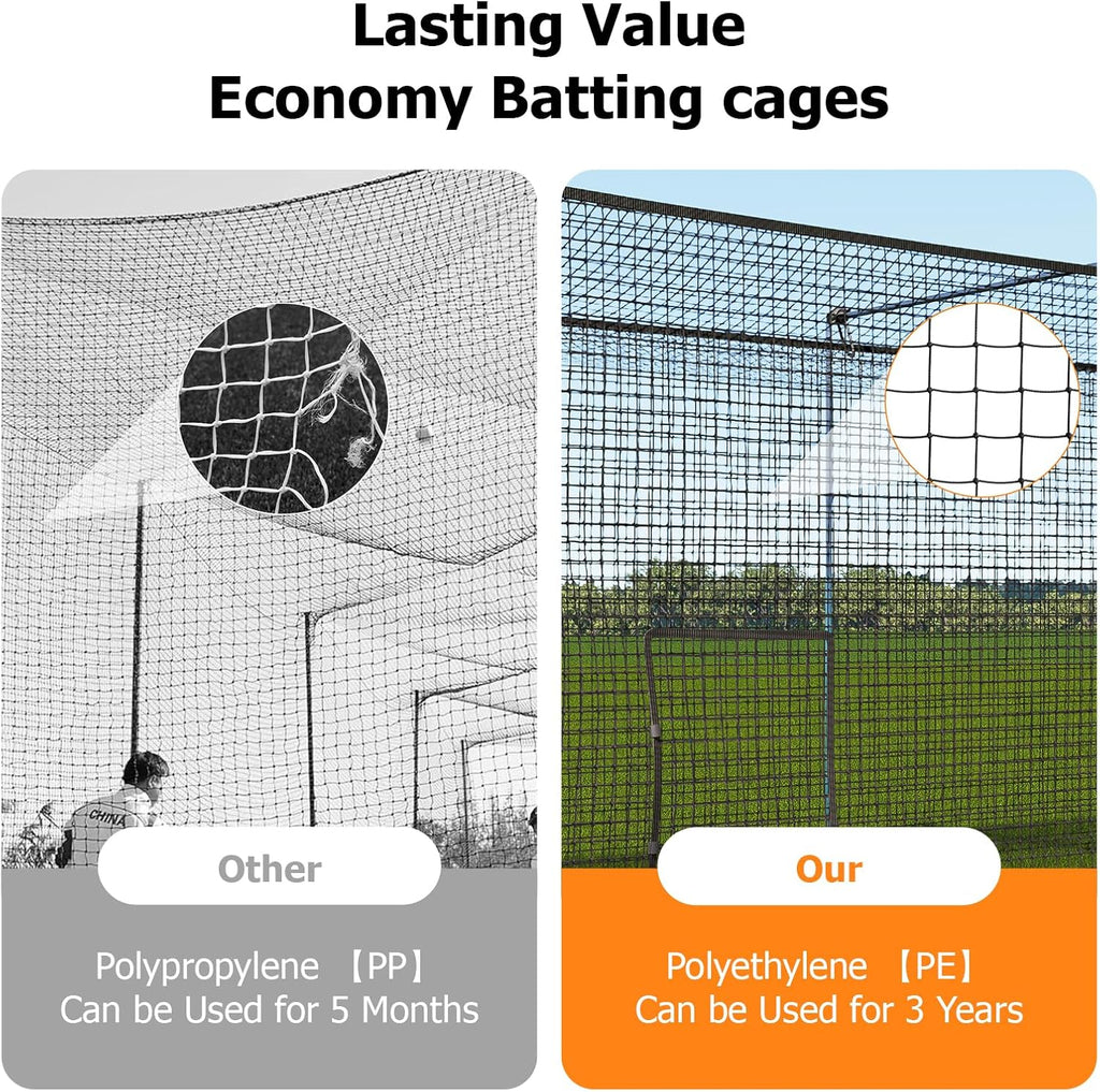 Batting Cage Net, UV-Stabilized HDPE, Black, 1-3/4' Square Mesh, Square-Hung, 1/4' Border Rope, Side Door – Baseball & Softball Netting – Sizes: 8x8x20ft,10x10x35ft,12x12x55ft, 12x14x70ft