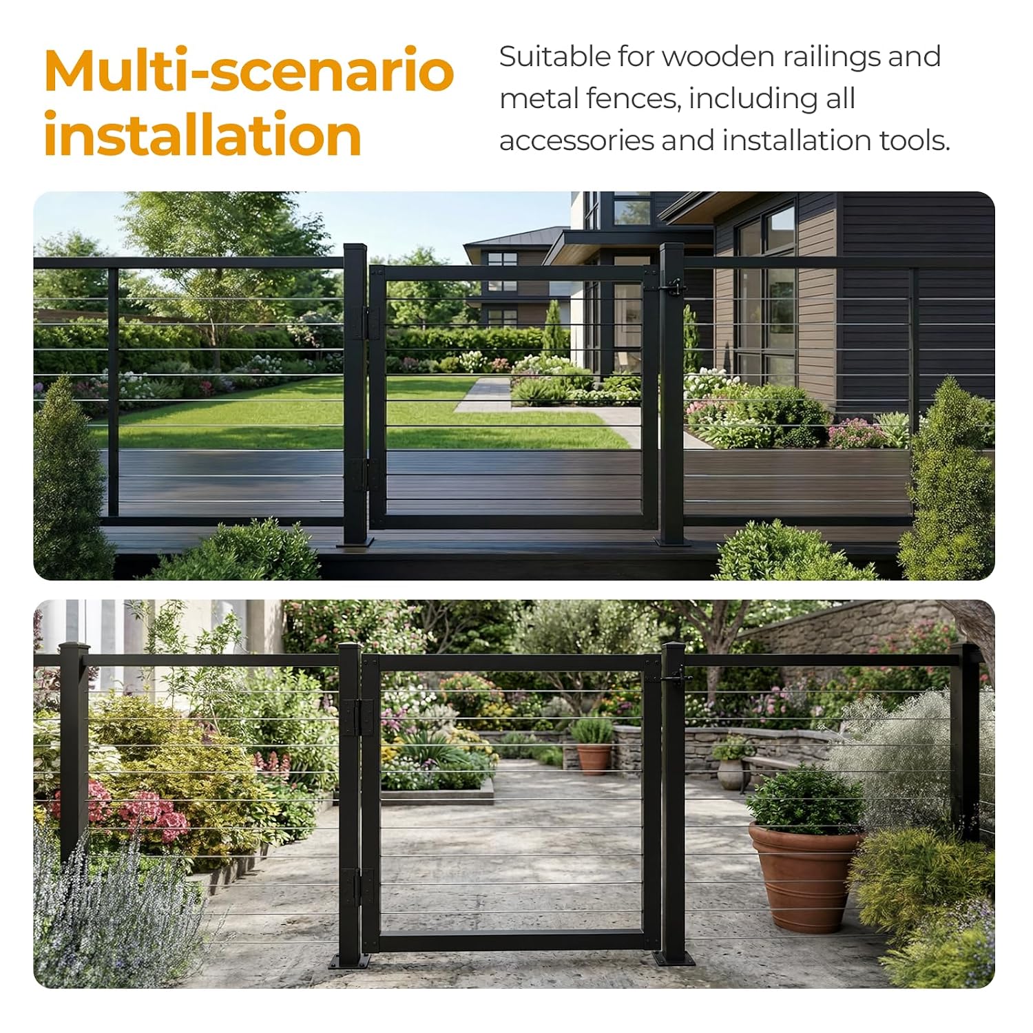 Aluminum Cable Railing Gate 32.5' Height | Adjustable up to 36' Wide Black Powder-Coated Railing Gate with with Patented Pre-install Cable Railing Kit