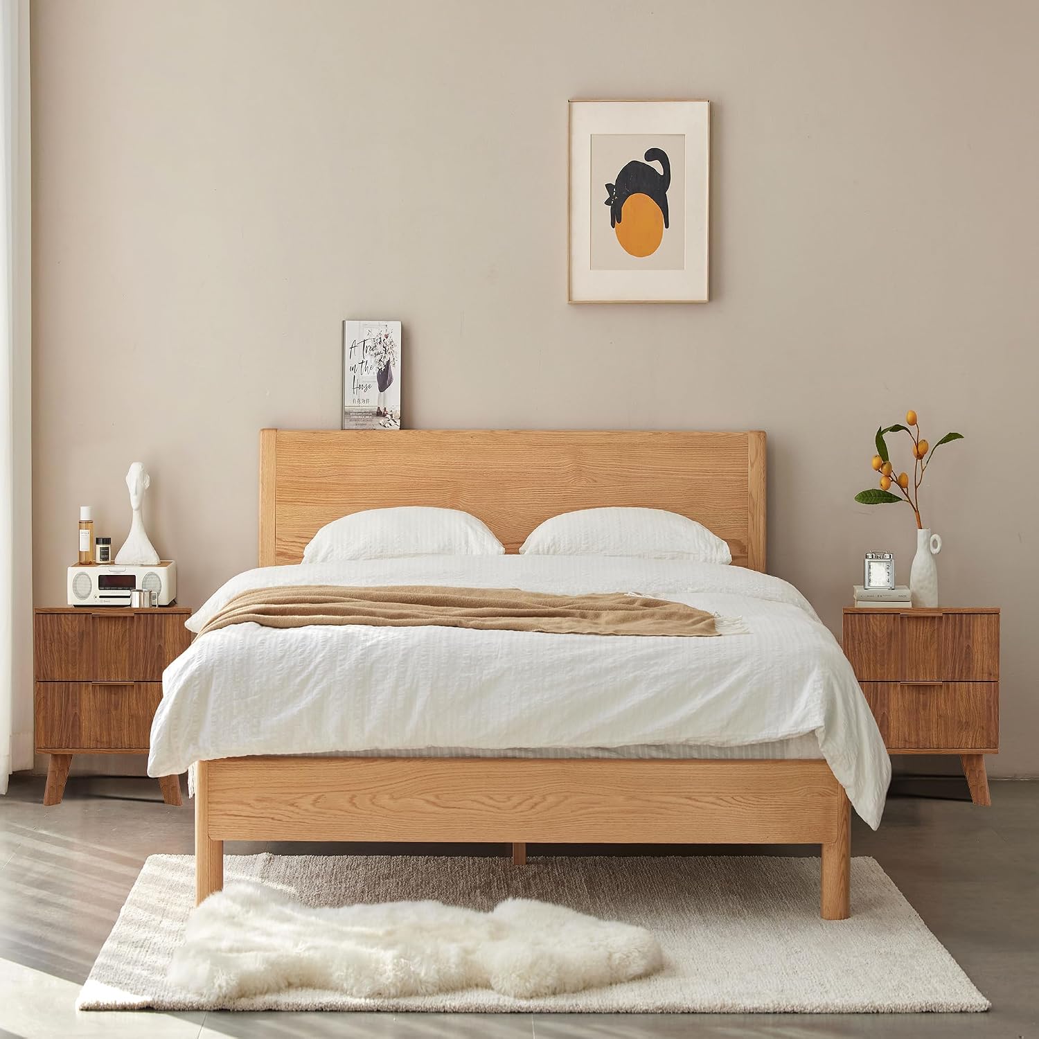 Nightstands Set of 2 with Drawers, Modern Large Striped Bed Side Table with 2 Drawers, Mid Century Modern Night Stand Set for Bedroom, Bedside End Table with Storage and Solid Wood Legs (Walnut)