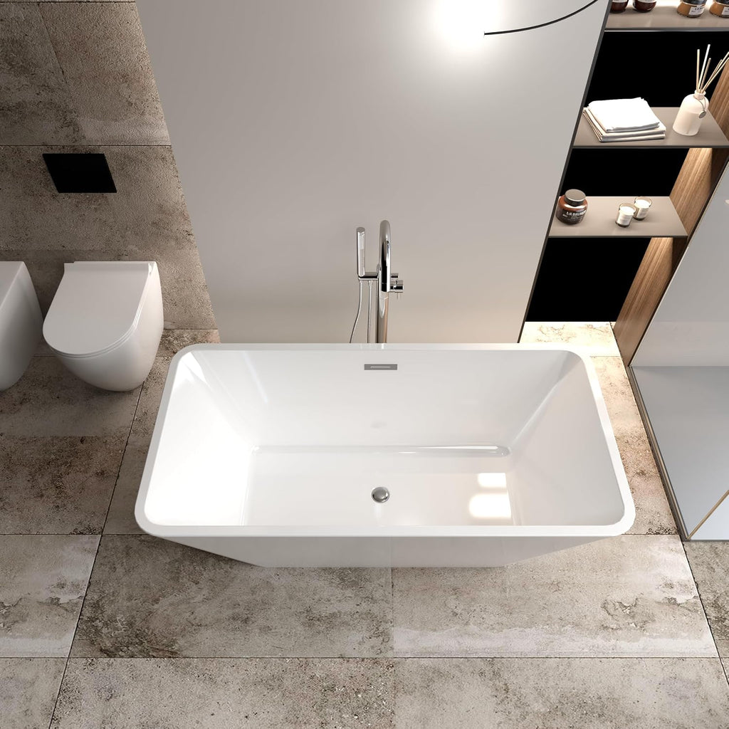 59' x 30' Acrylic Rectangular Freestanding Bathtub, Contemporary Soaking White Tub with Brushed Nickel Overflow and Pop-up Drain, cUPC Certified, Glossy White
