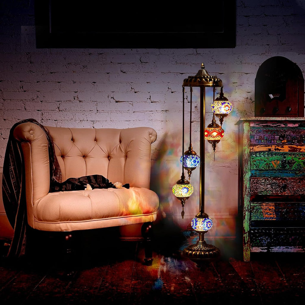 Hortsun Turkish Lamp Moroccan Floor Lamp Handmade Globe Living Floor Lighting Bohemia Standing Lighting for Decorative Home Designs(Floor,5 Globes Style)