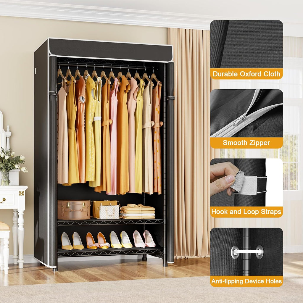 ULIFHOME P6C Plus & H5C Clothes Rack with Cover, Covered Clothing Rack Heavy Duty, Portable Closet for Hanging Clothes, Black Closet Rack with Black Cover, P6C Plus with Wheels, H5c without Wheels