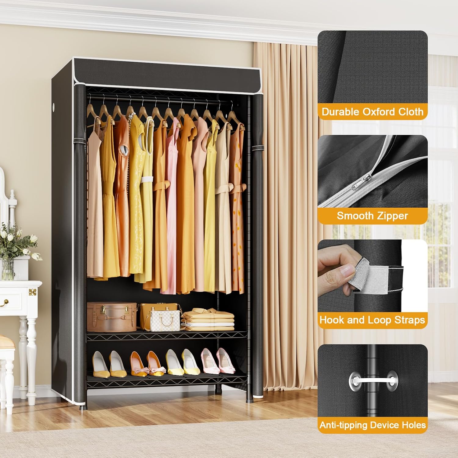 ULIFHOME P6C Plus & H5C Clothes Rack with Cover, Covered Clothing Rack Heavy Duty, Portable Closet for Hanging Clothes, Black Closet Rack with Black Cover, P6C Plus with Wheels, H5c without Wheels