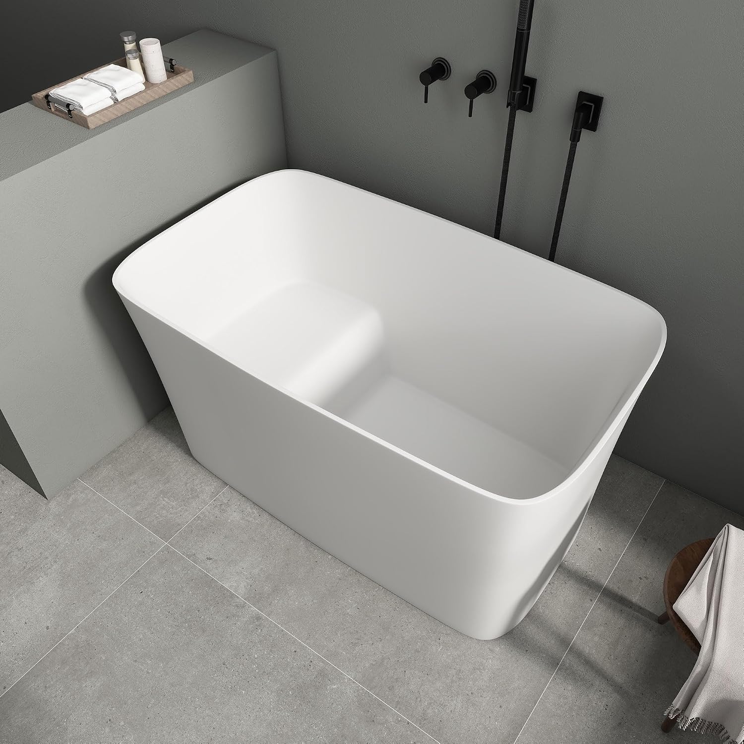 SJ Star&Jane 47' Solid Surface Freestanding Bathtub Japanese Soaking Tub Stone Resin Stand Alone Bathtub Sit-In Design with Overflow and Drain