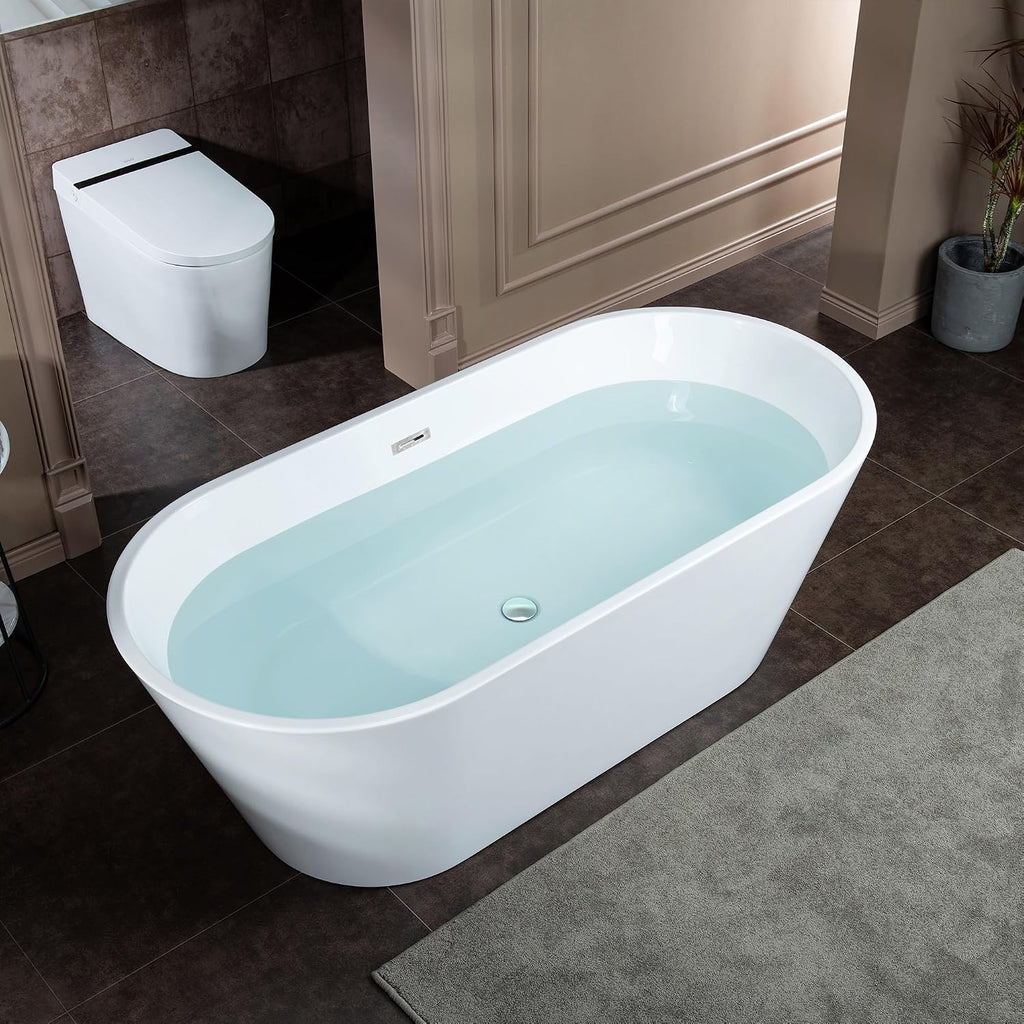 WOODBRIDGE 67' Acrylic Freestanding Bathtub Contemporary Soaking White Tub with Chrome Overflow and Drain