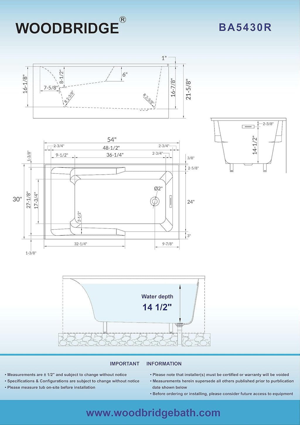 WOODBRIDGE 54' Acrylic Rectangular Alcove Soaking Bathtub in White with Right Drain, Chrome Pop-Up Drain Included BA5430R