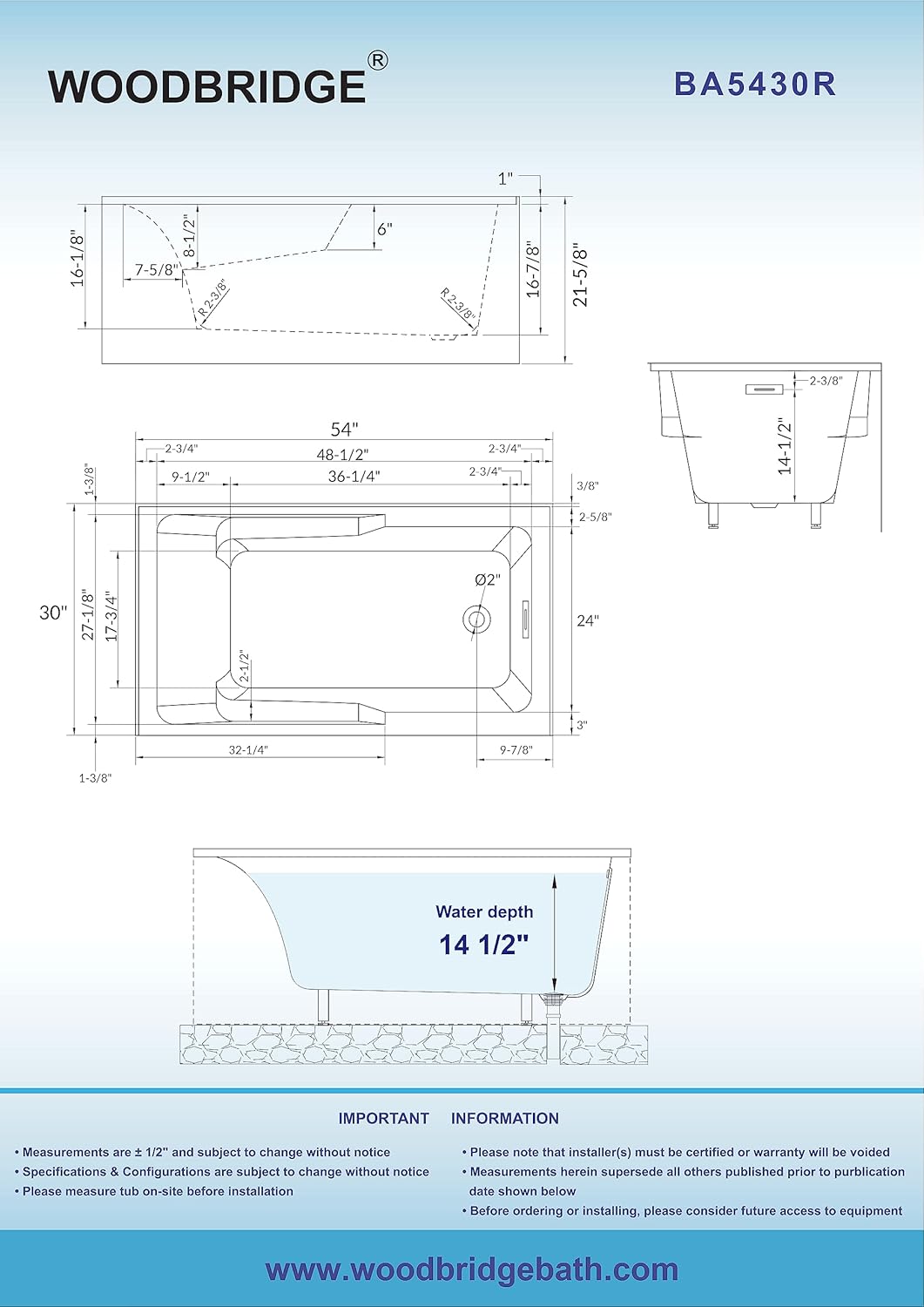 WOODBRIDGE 54' Acrylic Rectangular Alcove Soaking Bathtub in White with Right Drain, Chrome Pop-Up Drain Included BA5430R
