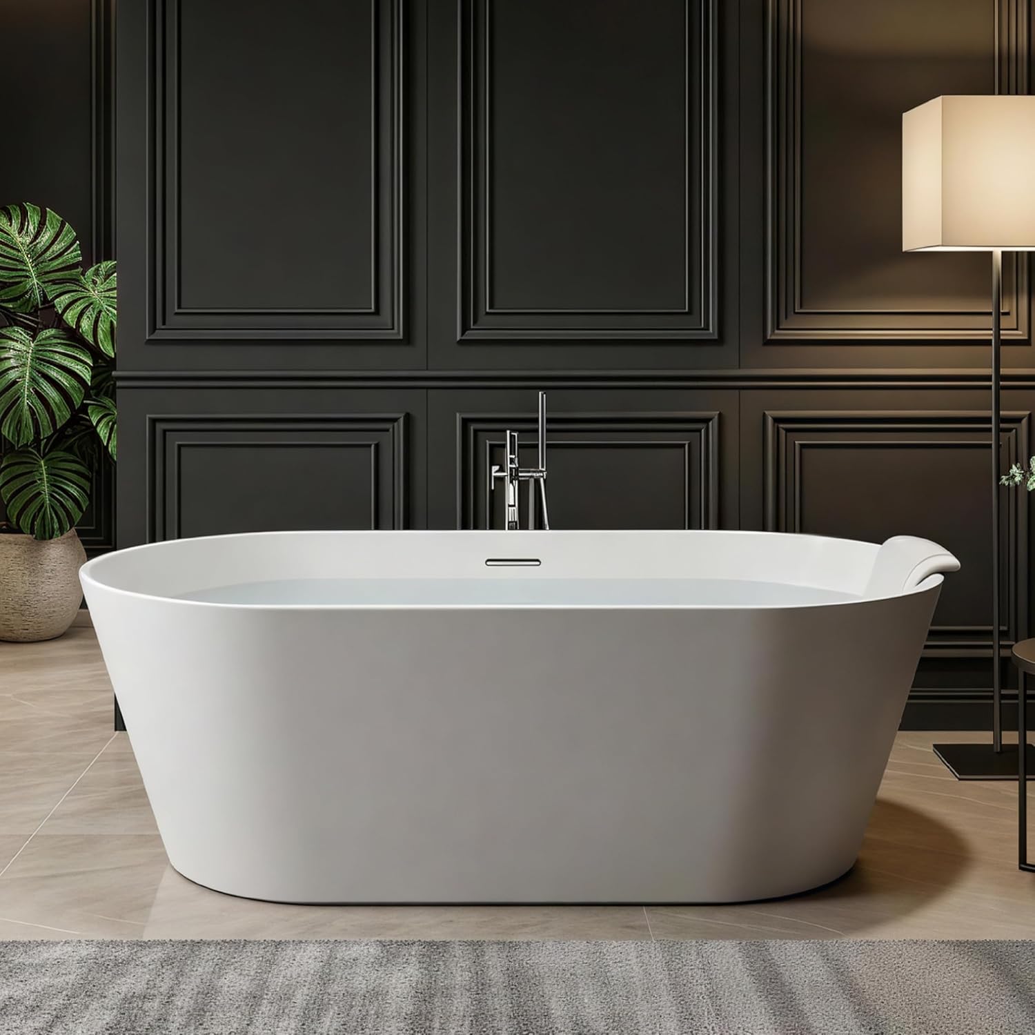 Transolid Maris 59 in. Freestanding Deep Soaking Bathtub | 31 in. Wide Acrylic Flatbottom | Center Drain | Bath Pillow Included | 23 in. Confirmed Soak Depth | Matte White | K-AFTM5931-M31
