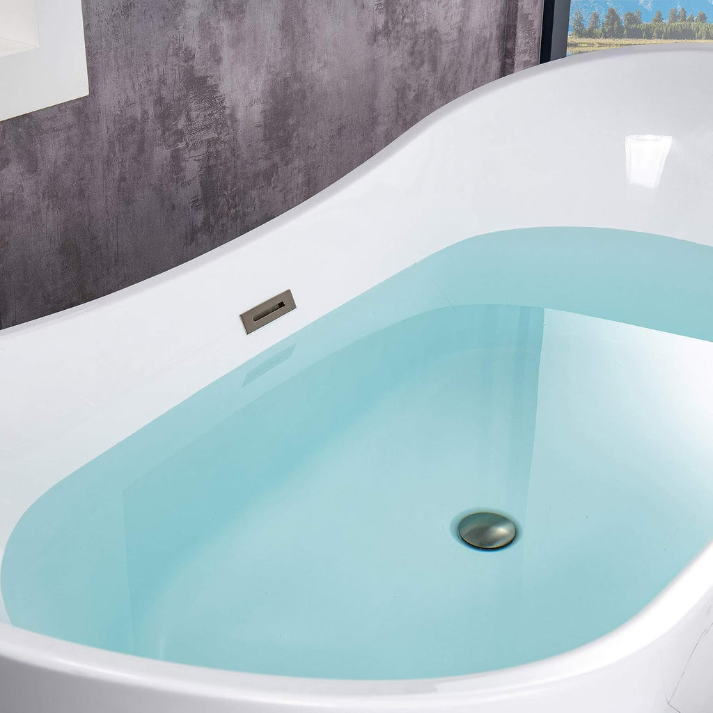 WOODBRIDGE 67' Acrylic Freestanding Bathtub Contemporary Soaking Tub, White Acrylic (Brushed Nickel Drain/Overflow) with Pillow