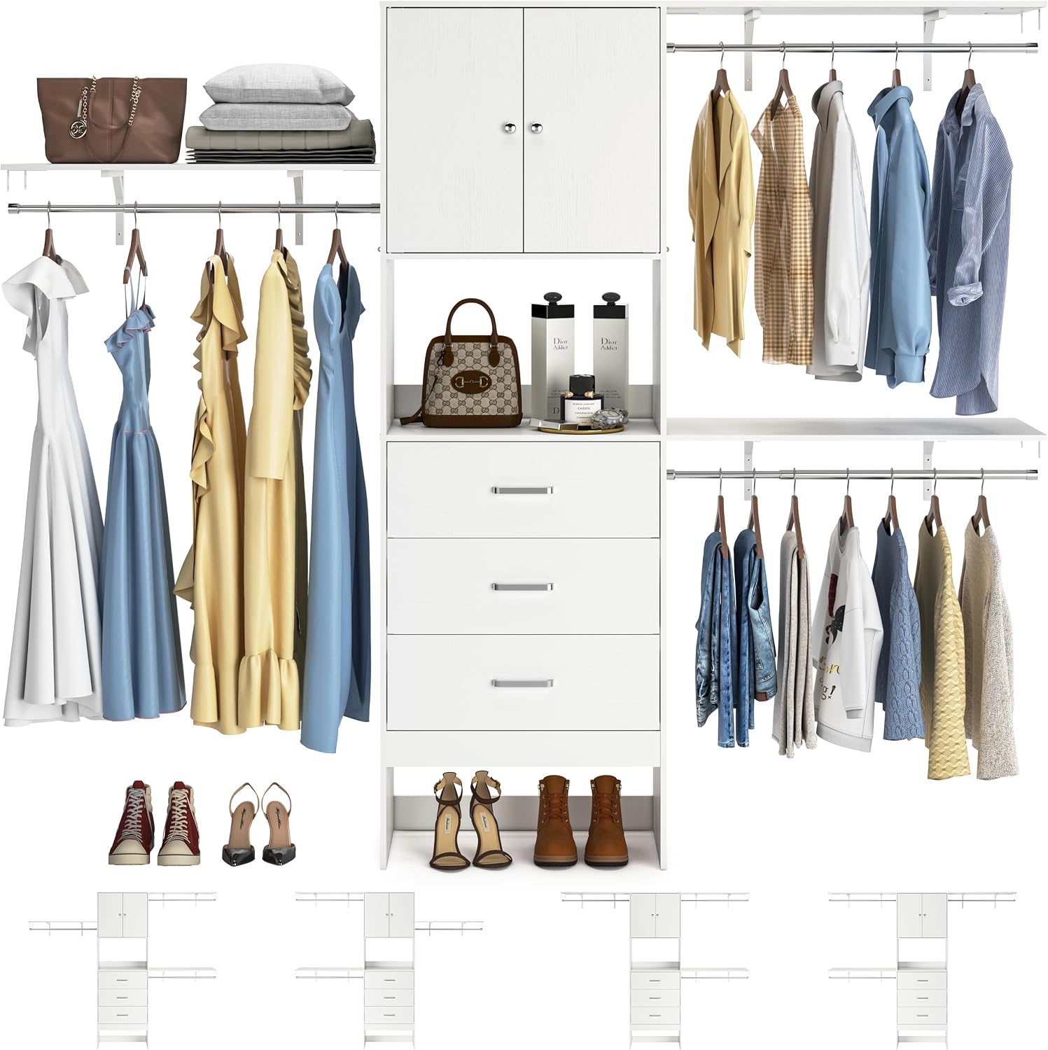 Armocity 96 Inches Closet System with Doors, 8FT Walk In Closet Organizer with 3 Shelving Towers, Heavy Duty Clothes Garment Rack with 3 Wood Drawers, 96' L x 16' W x 80' H, Max Load 1000 LBS, White