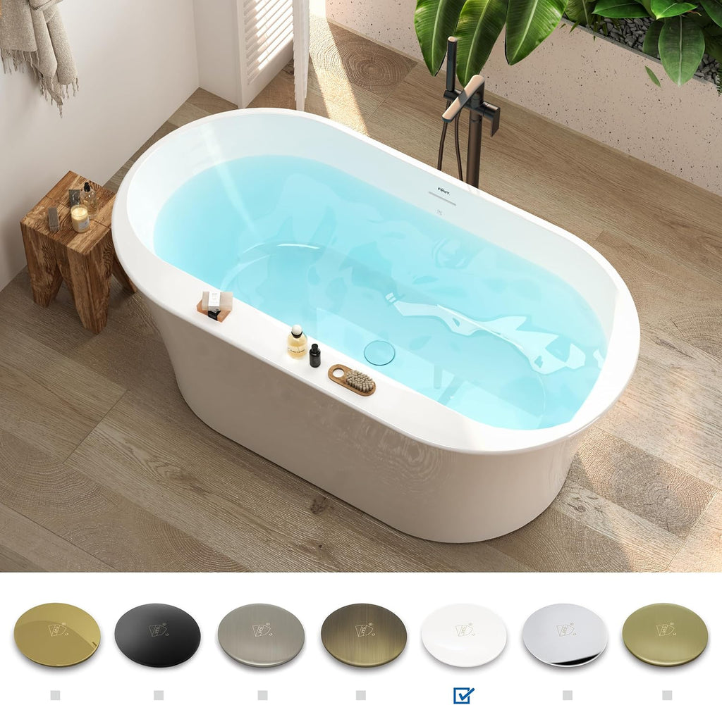 FerdY Mauritius 59' Acrylic Freestanding Tub, Oval Contemporary Soaker Tub, Extra Deep Bathtub, Gloss White Drainage and Minimalist Linear Design Overflow, Modern White, cUPC Certified