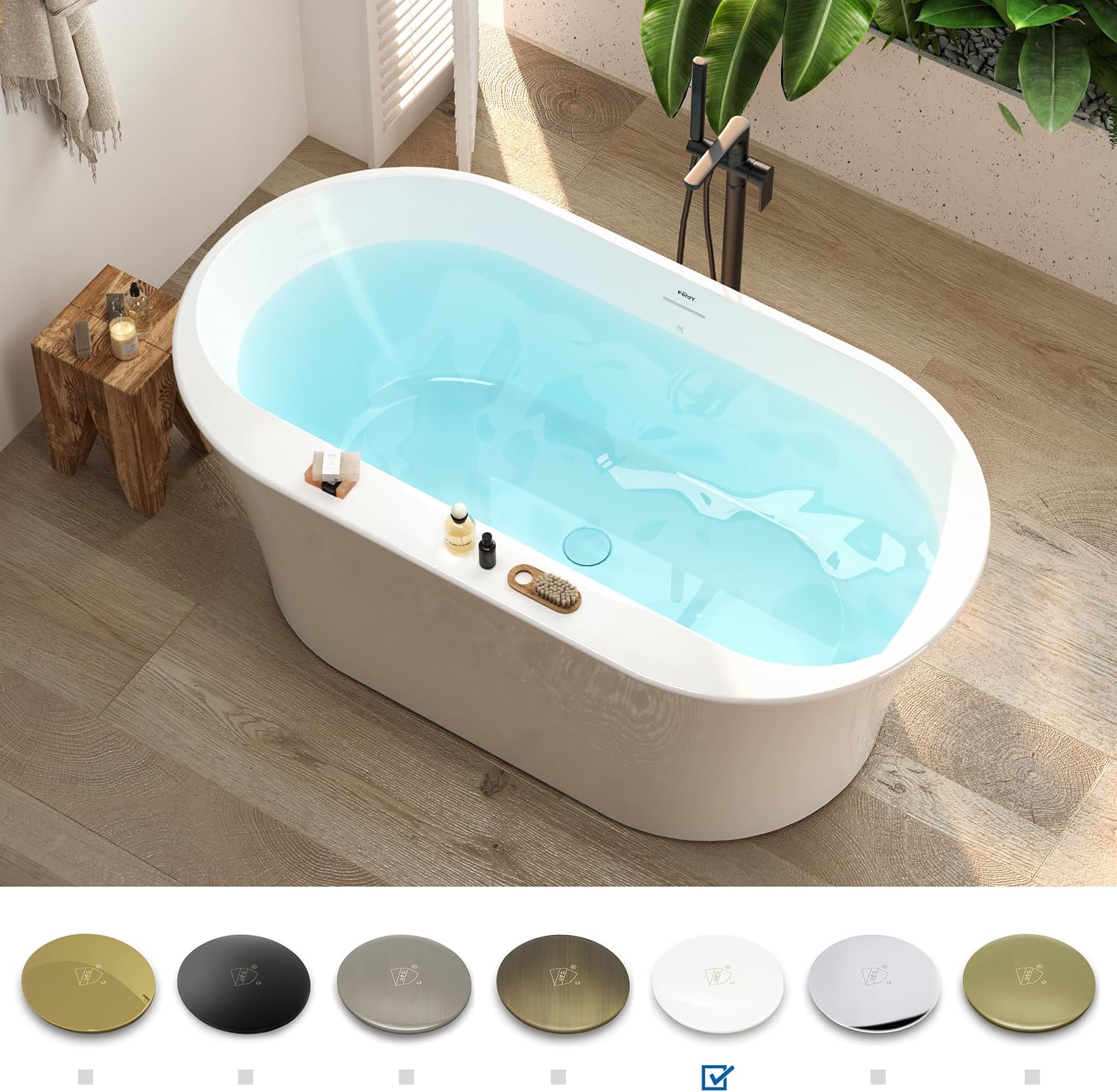 FerdY Mauritius 59' Acrylic Freestanding Tub, Oval Contemporary Soaker Tub, Extra Deep Bathtub, Gloss White Drainage and Minimalist Linear Design Overflow, Modern White, cUPC Certified