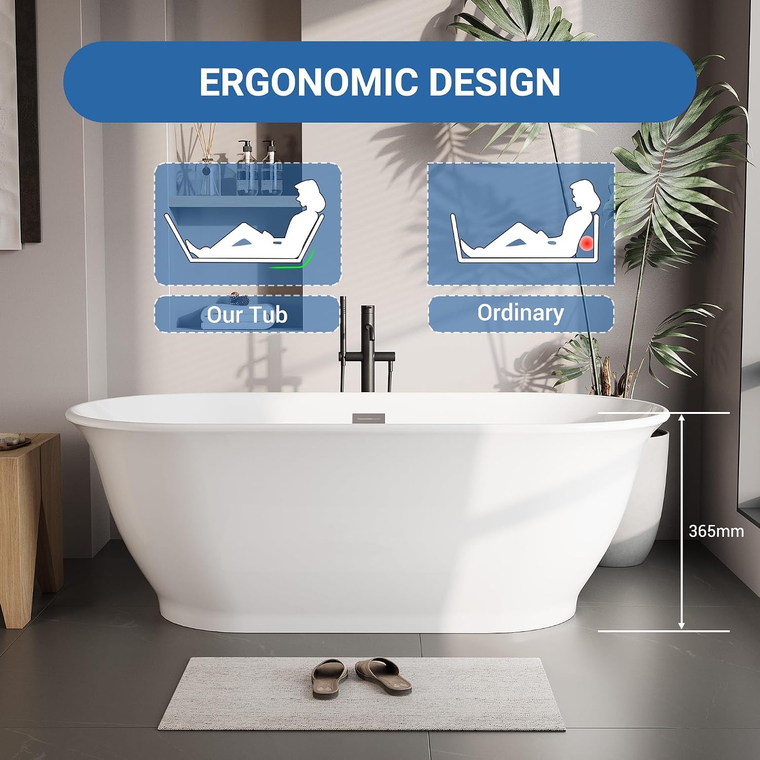 Acrylic Free Standing Tub, Modern Soaking Bathtub with Matte Black Drain and Overflow, Glossy White CUPC Certified Ergonomic Bath Tub, 67Inch