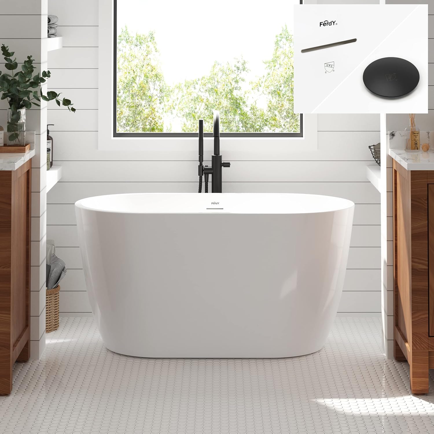 FerdY 47' Bali Acrylic Freestanding Bathtub, Gracefully Shaped Freestanding Soaking Bathtub, cUPC Certified, Toe-Tap Matte Black Drain & FerdY Back Scrubber for Shower,Long Handled Loofah on a Stick