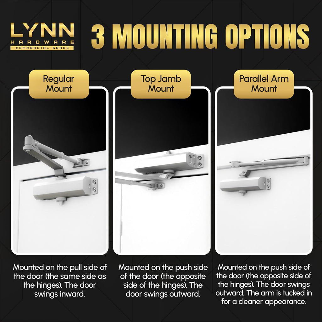 LYNN HARDWARE Extra Heavy Duty Automatic Door Closer (Silver) - Commercial Grade, Contractors Choice, Adjustable Speed, Delayed Closing Timer, 3 Mounting Options, 3 Hour Fire Rated (DC9016 Model)