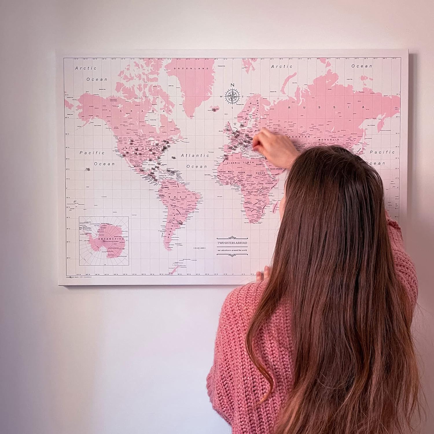 Push Pin World Map Board - With Push Pins to Mark World Travel - Handmade in Ohio, USA - Design: Pink Color Splash