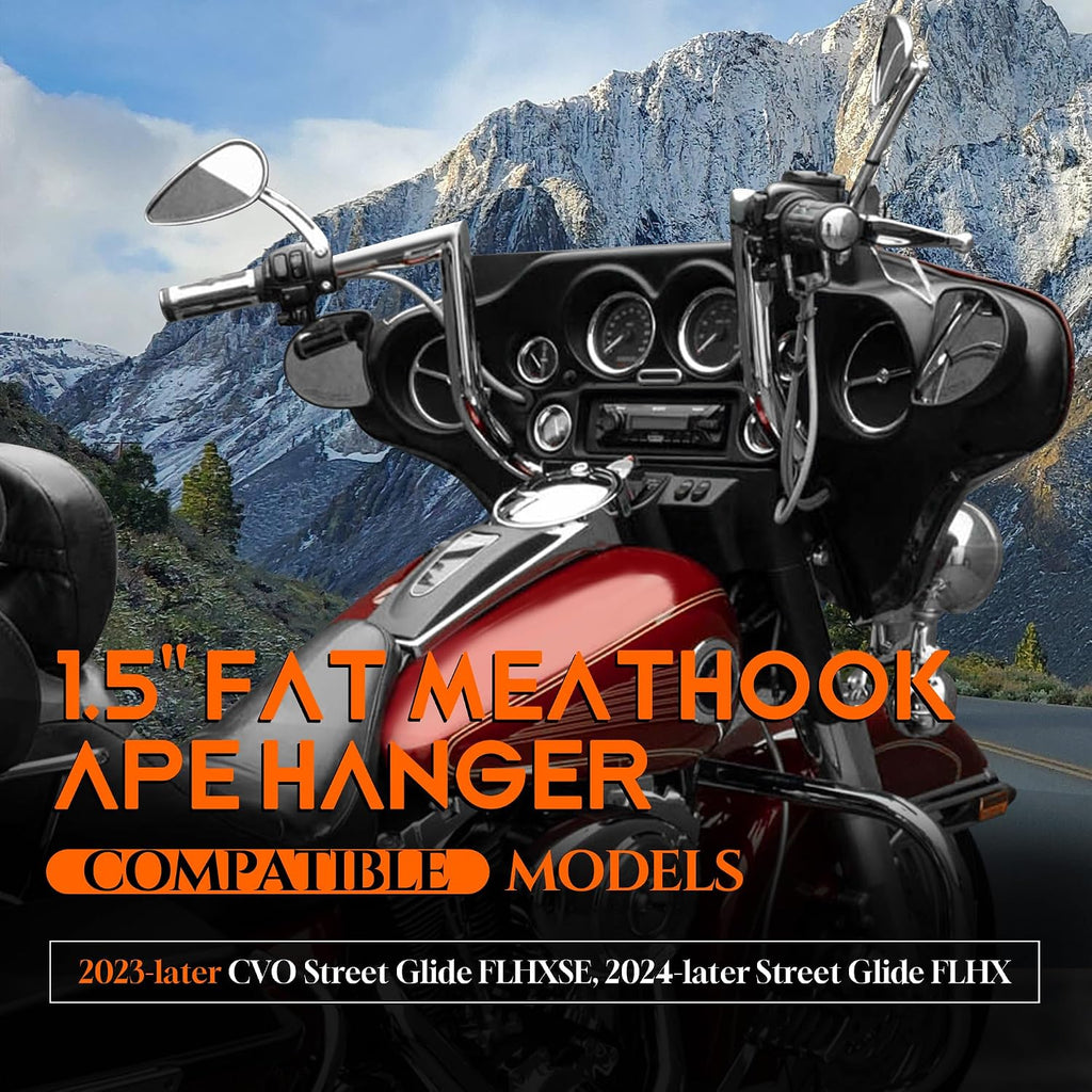 1 1/2 Inch Street Glide Handlebar 12' Rise Right-angle Bar 1.5' Fat 1' Clamp Ape Hangers for Harley 2023-later CVO Street Glide FLHXSE & 2024 2025 2026 FLHX Models, Chrome