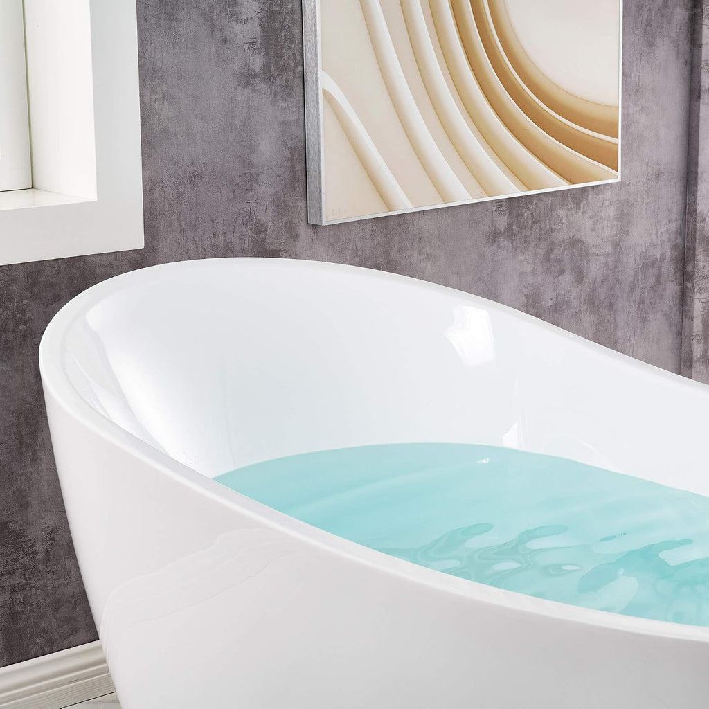 WOODBRIDGE 67' Acrylic Freestanding Bathtub Contemporary Soaking Tub, White Acrylic (Brushed Nickel Drain/Overflow) with Pillow