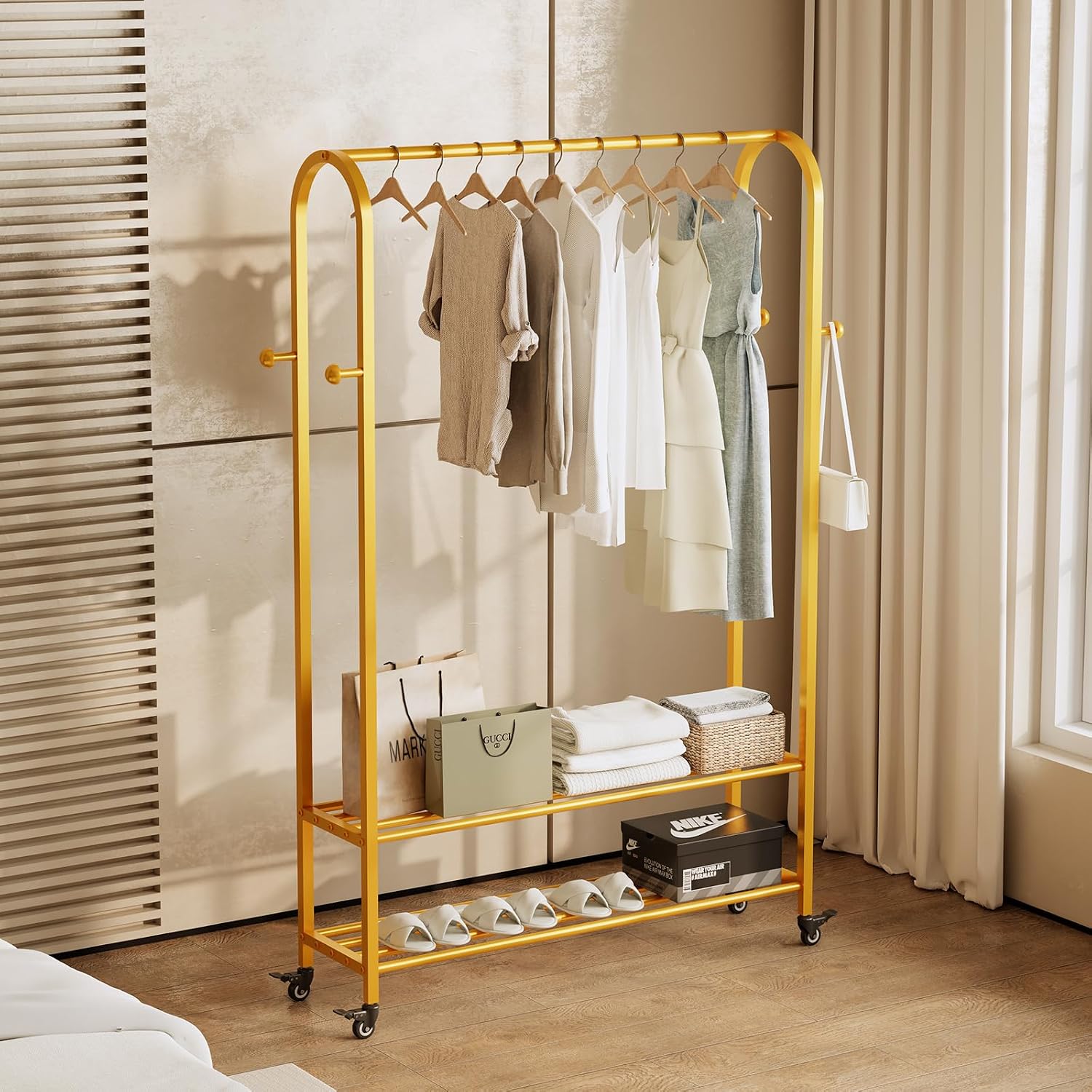 Sturdy Heavy Duty Clothes Rack With Wheels,Modern Clothing Rack With Shelves & hooks, Garment Racks for Hanging Clothes,Closet Rack for Bedroom,49.21in Wide,Clothes Storage and Display (gold)