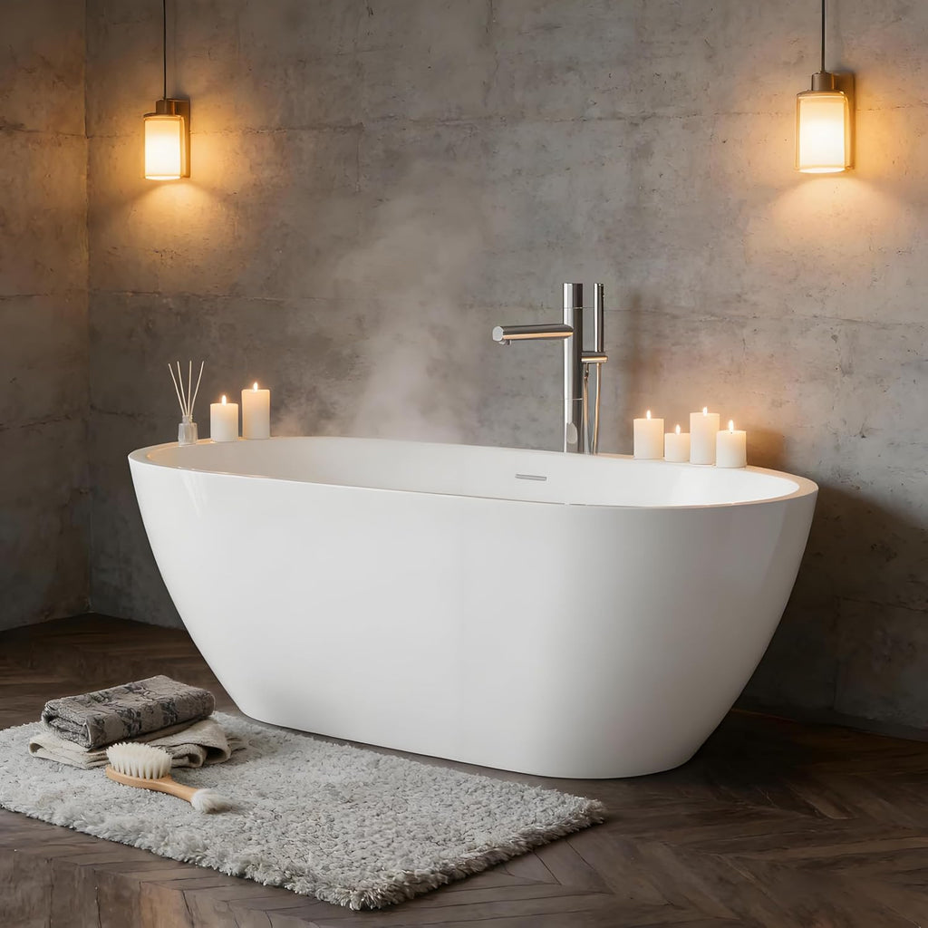 59' Acrylic Freestanding Soaking Bathtub, Free Standing Tub, Stylish Stand Alone Contemporary Soaking Tub with Integrated Overflow and Drain In Chrome, cUPC Certified