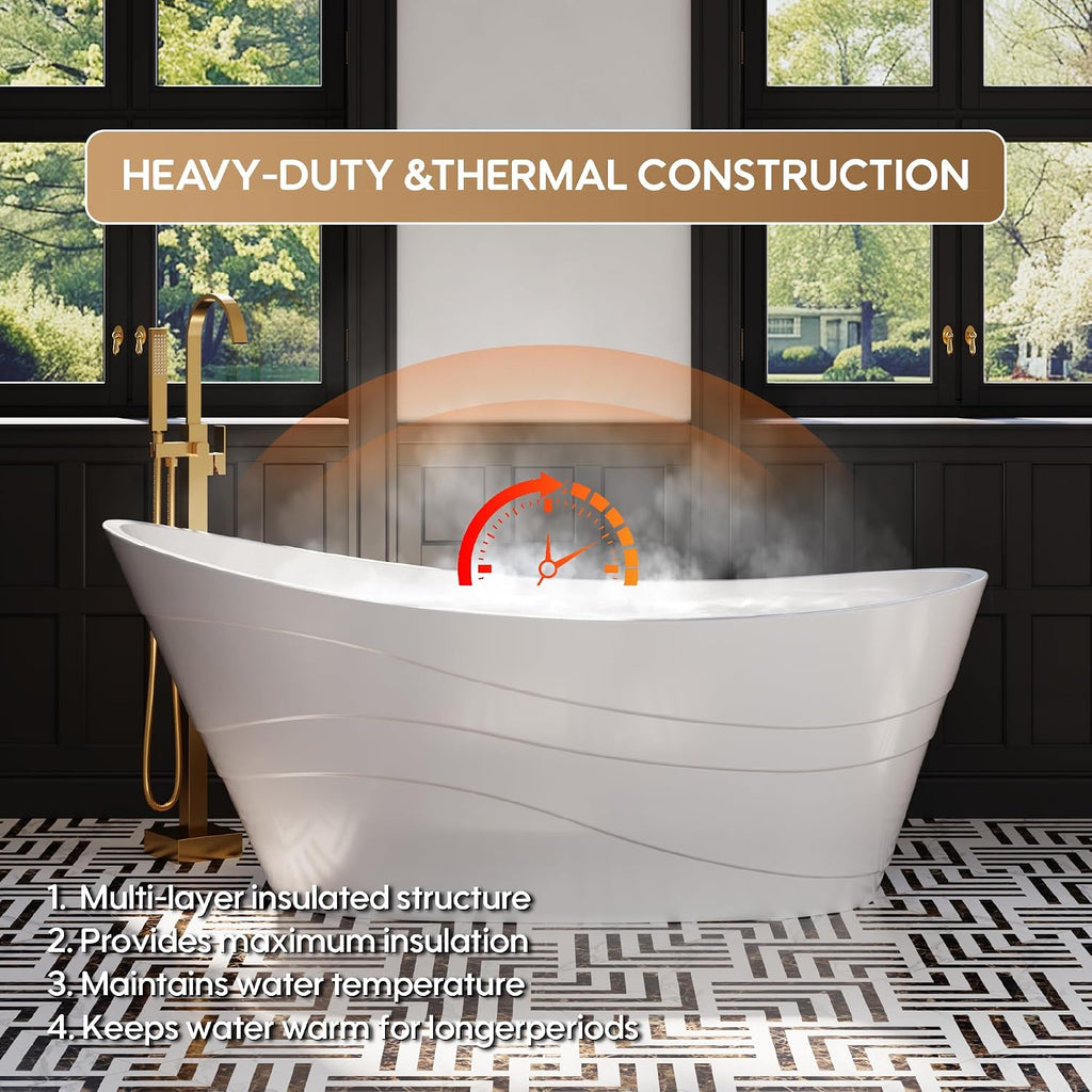WELLFOR 67' Freestanding Acrylic Bathtub with Drain and Integrated Slotted Overflow, Soaking Bath Tub with Predrilled Overflow Holes, Soaking Bath Tub 58 Gallons Capacity, Glossy White