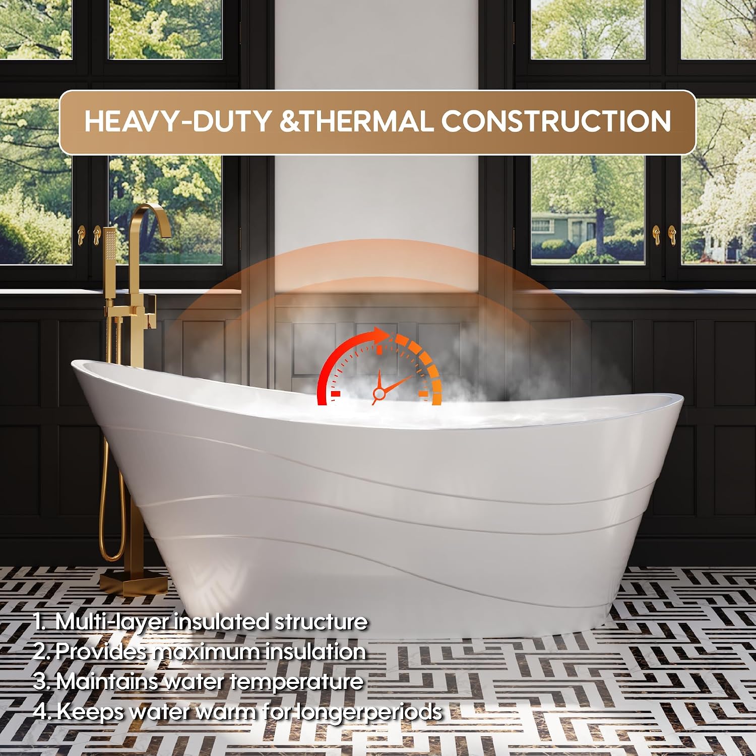 WELLFOR 67' Freestanding Acrylic Bathtub with Drain and Integrated Slotted Overflow, Soaking Bath Tub with Predrilled Overflow Holes, Soaking Bath Tub 58 Gallons Capacity, Glossy White