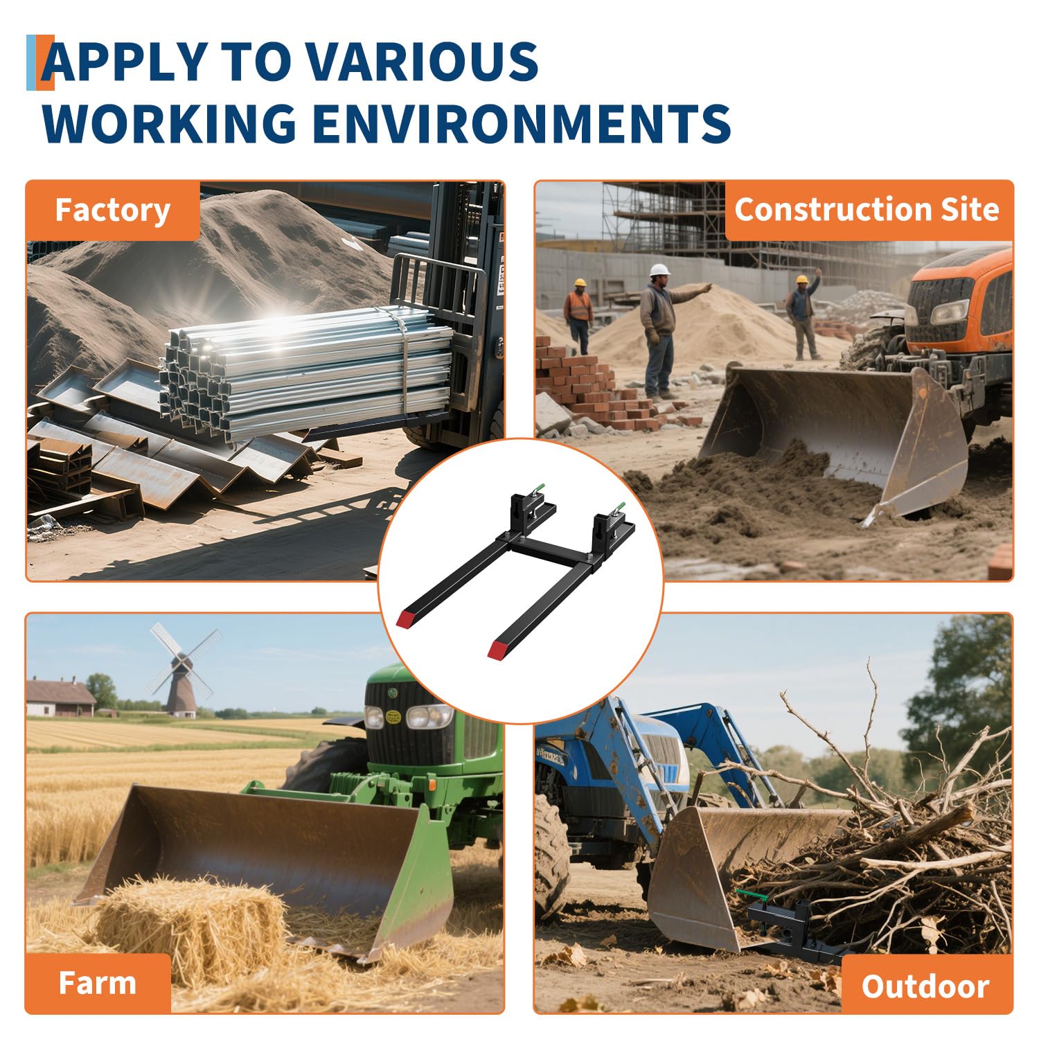 Heavy Duty 60-Inch Clamp-On Pallet Forks for Tractor, Skid Steer Loader - 2000lb Capacity - Adjustable Stabilizer Bar - Quick Attach Front Loader Forks for Hay, Logs, Lumber - Fits Most