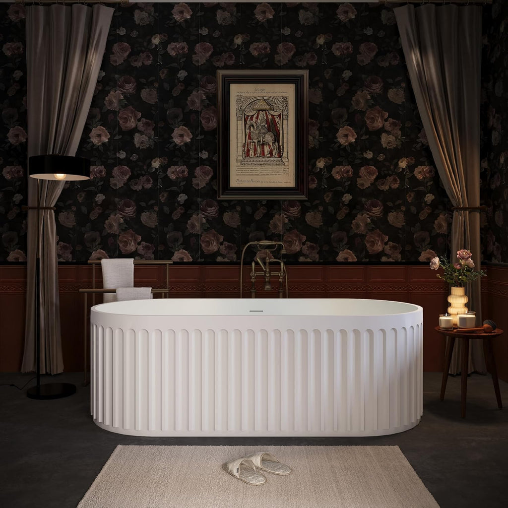67' Freestanding Solid Bathtub, Luxury Engineered Stone Resin Freestanding Soaking Bathtub with Overflow and Pop up Drain, Matte White 23S13 67