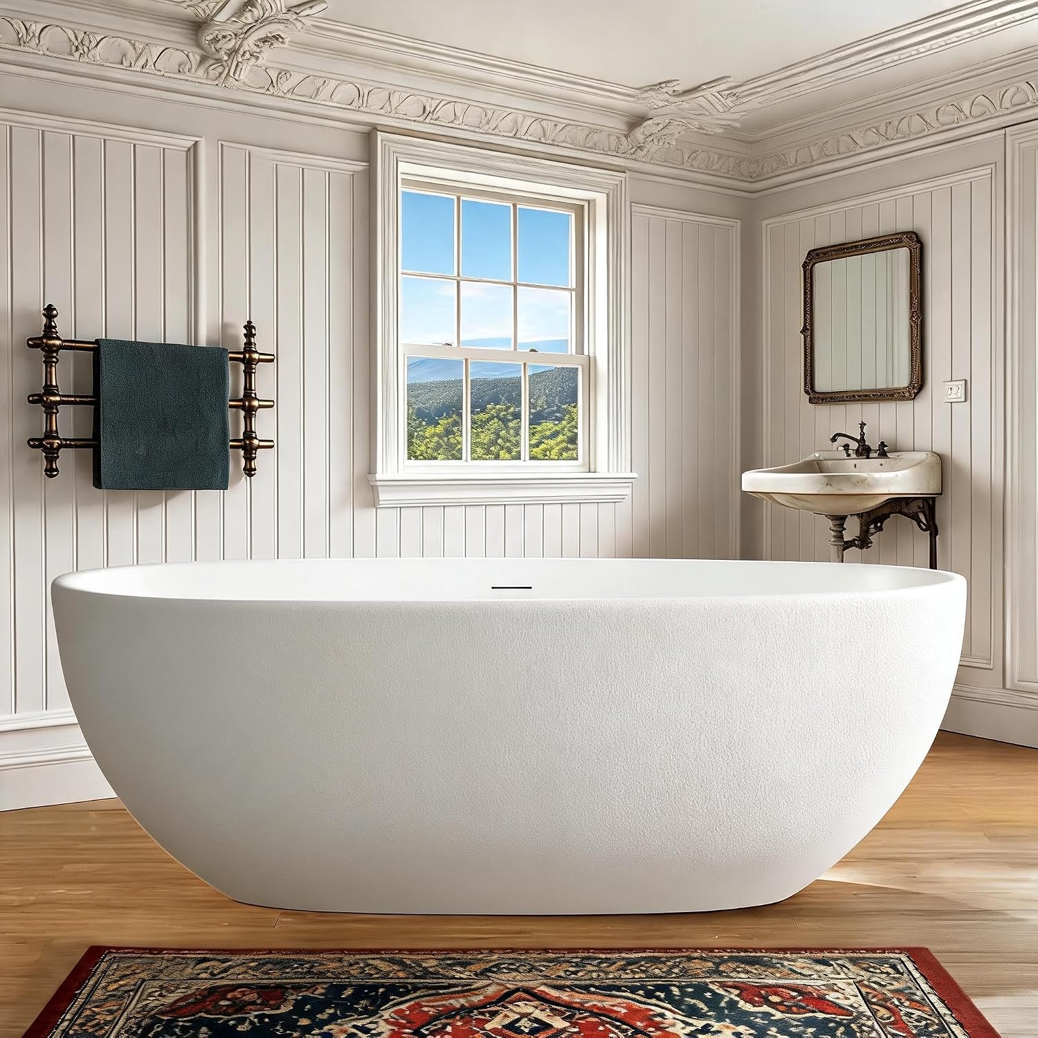 59' Stone Resin Freestanding Soaking Tub, Modern Oval Solid Surface Bathtub with with Overflow & Pop-up Drain, 14.4 Inch Soaking Depth Luxury Soaking Tub, Matte White