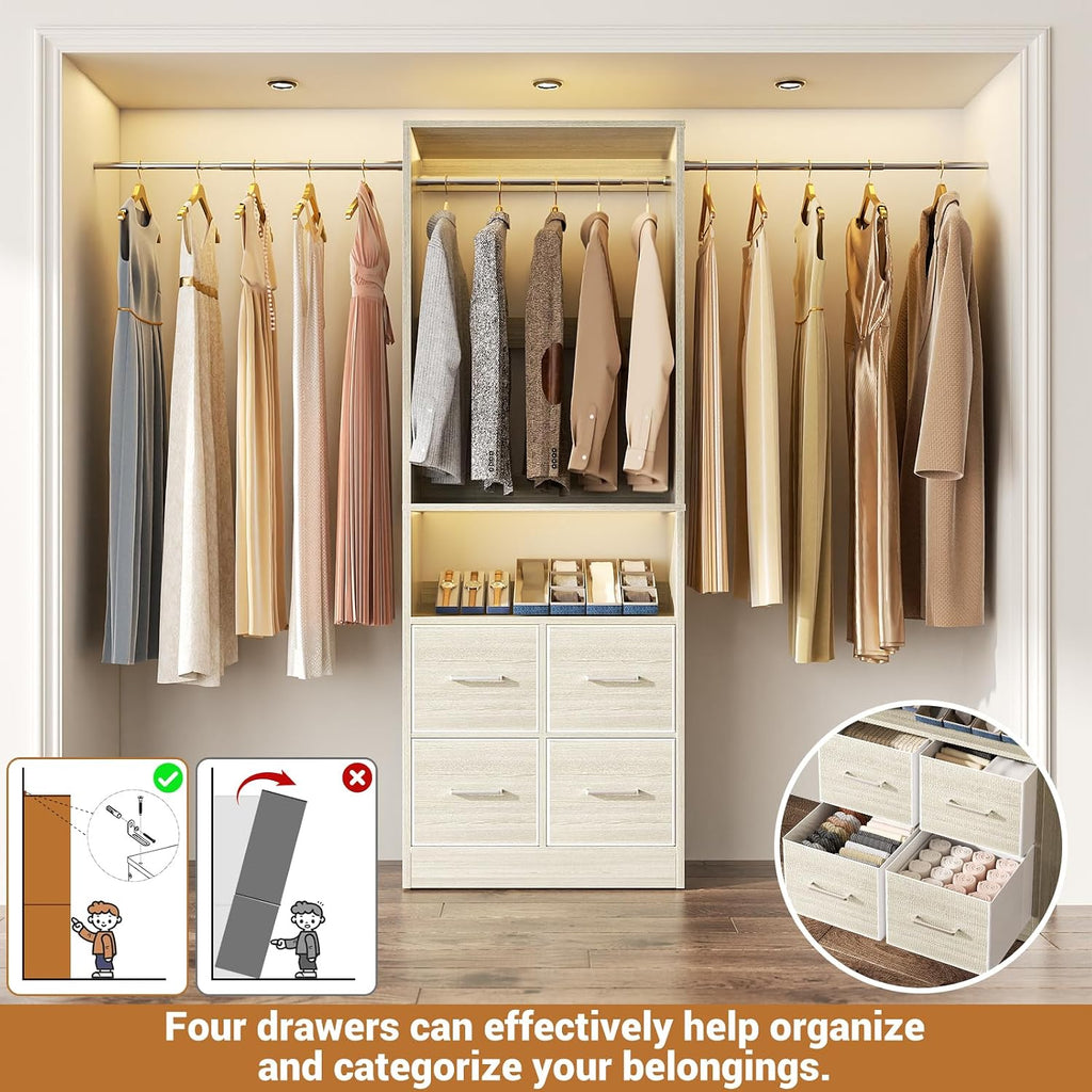 8FT Closet System, 96 Inch Closet Organizer System with 4 Fabric drawers, Heavy Duty Clothing Rack with Hanging Rods, Walk In Mounted Closet System, Built-In Clothes Garment Rack, Oak