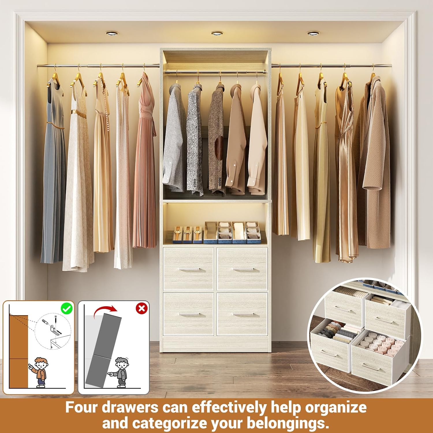 8FT Closet System, 96 Inch Closet Organizer System with 4 Fabric drawers, Heavy Duty Clothing Rack with Hanging Rods, Walk In Mounted Closet System, Built-In Clothes Garment Rack, Oak
