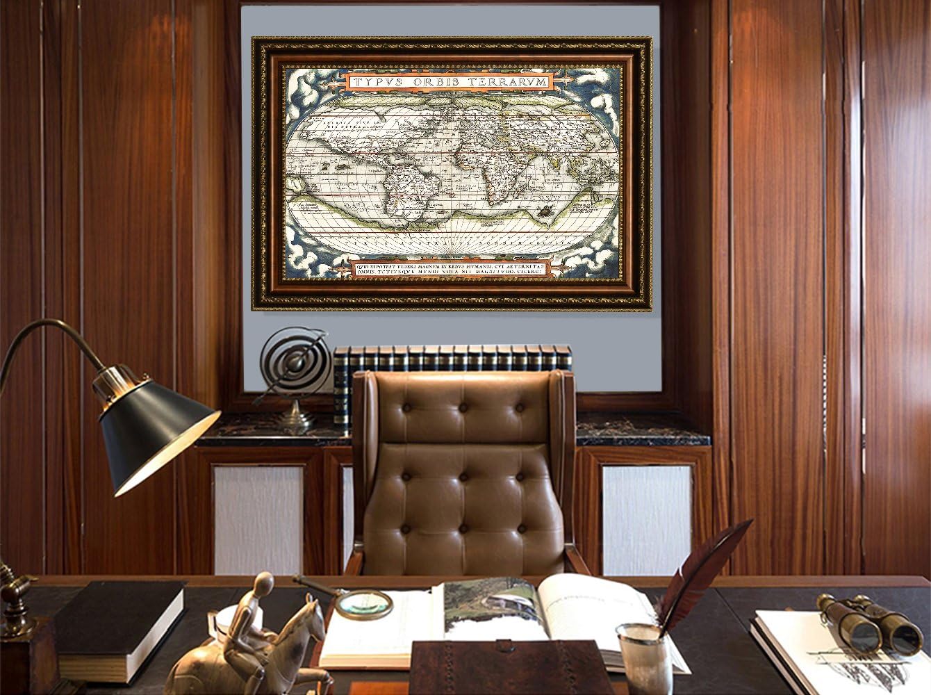 ELITEART-Old Vintage World Map Oil Painting Reproduction Giclee Wall Art Canvas Prints-Framed Size:37 3/4' x 27 3/8'