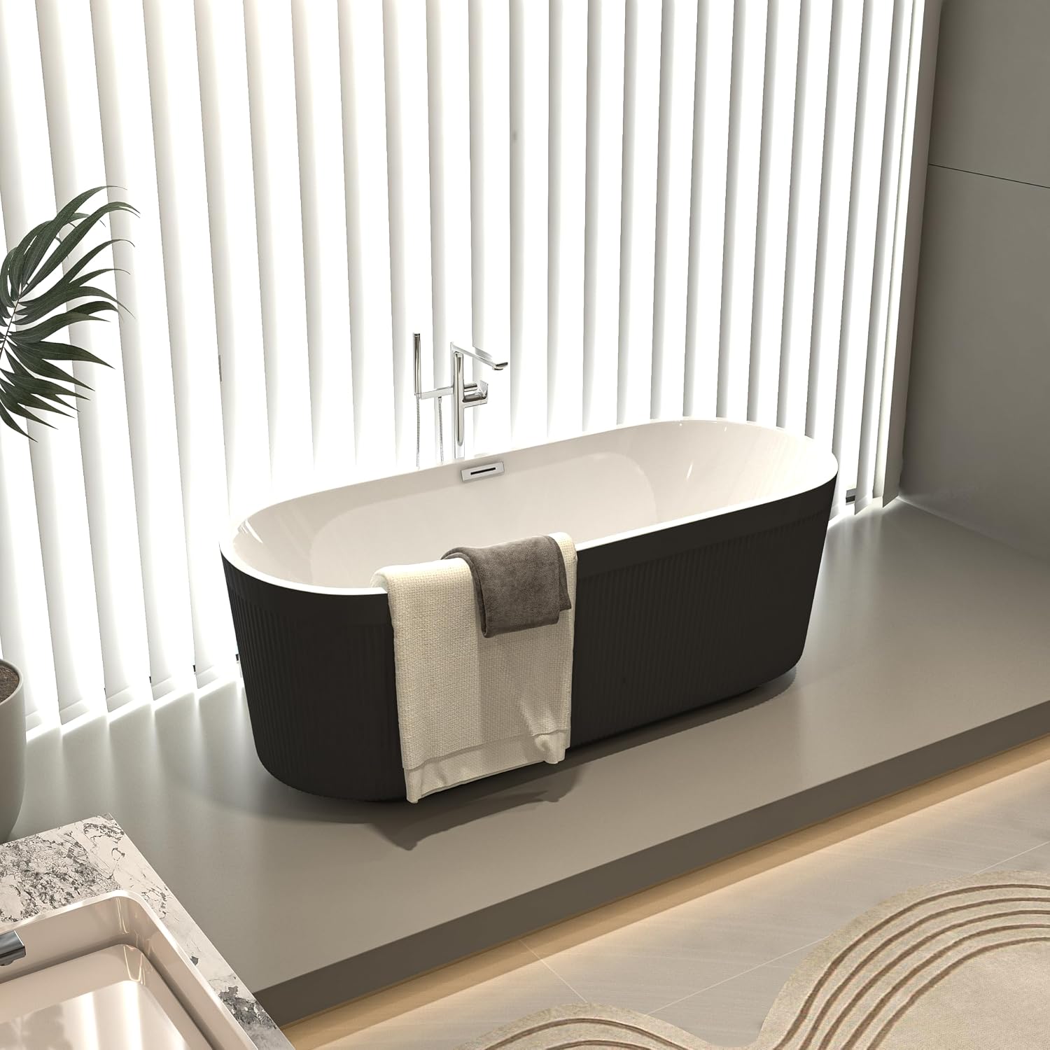 59' Acrylic Freestanding Bathtub with Unique Pleated Design: Spacious Oval Shape, Gloss Black Finish, Chrome Overflow & Pop-Up Drain