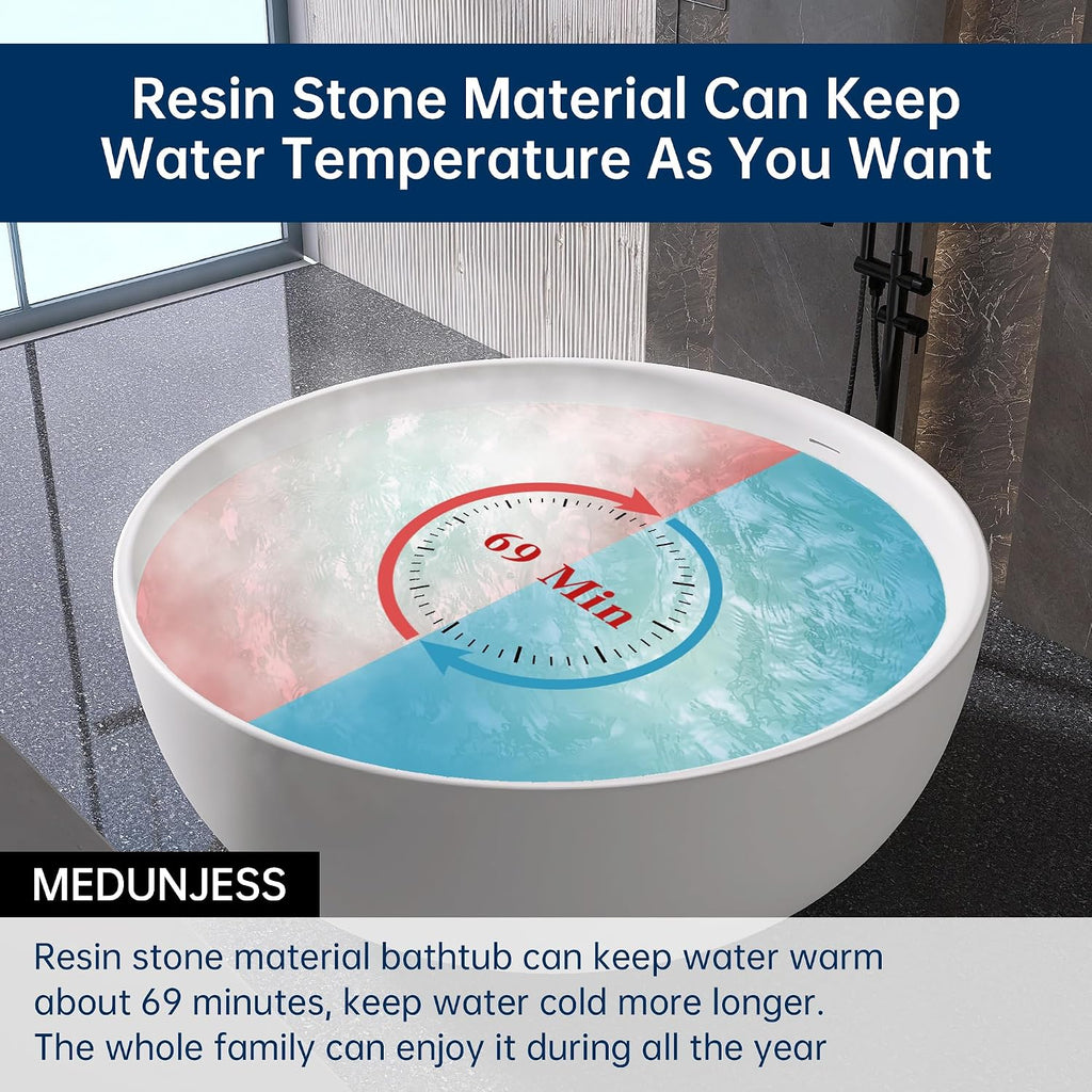 59'' Stone Resin Solid Surface Freestanding Bathtub,Round Bathtub，Modern Elegant Design Soaking Stand Alone Tub, Matte White, Drain and Overflow Included 005-1500